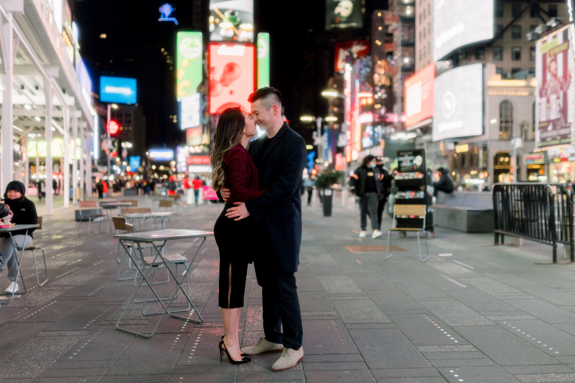 Magical Nighttime Winter Engagement Photos in New York's Iconic Times Square