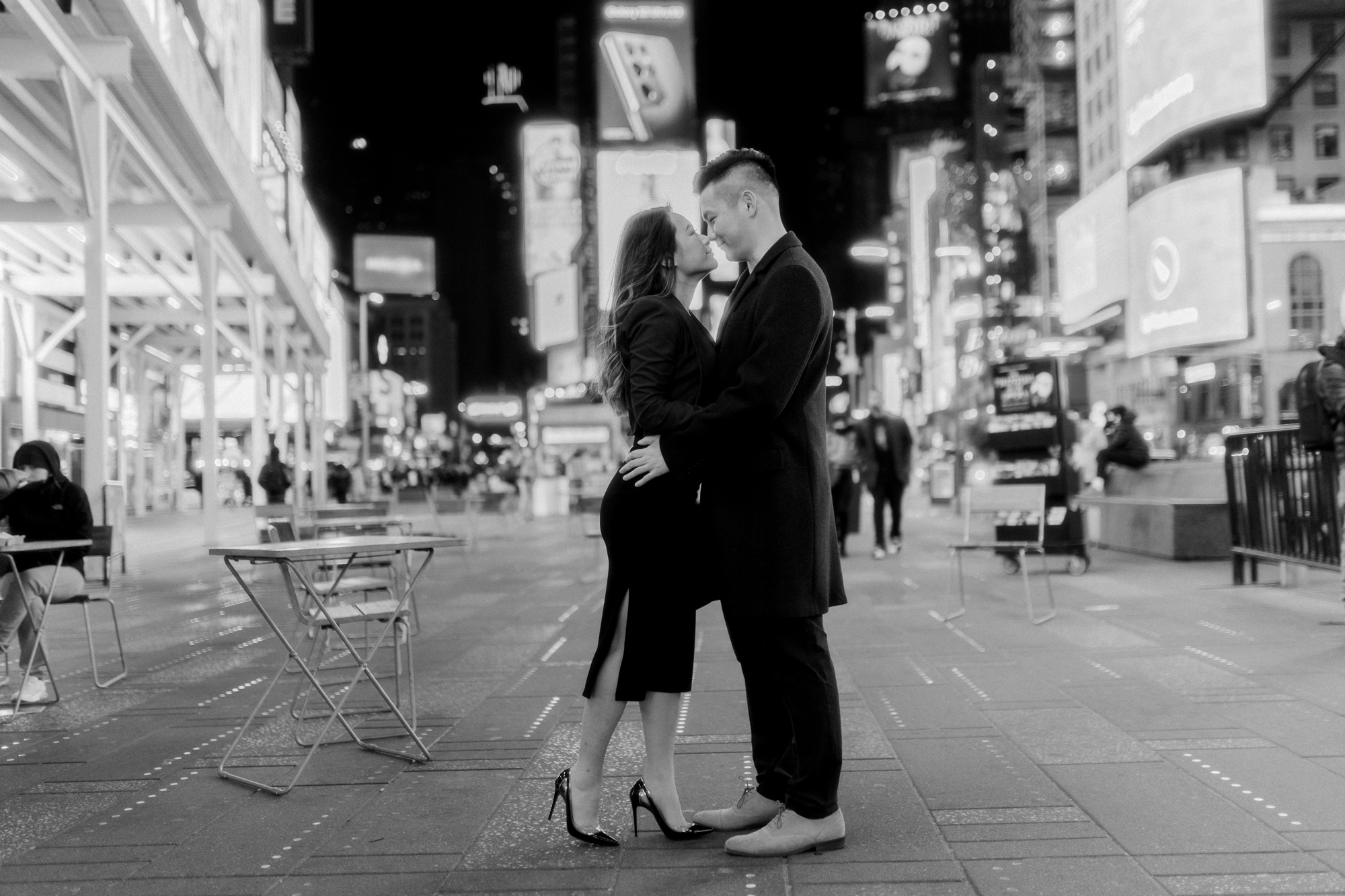Loving Nighttime Winter Engagement Photos in New York's Iconic Times Square