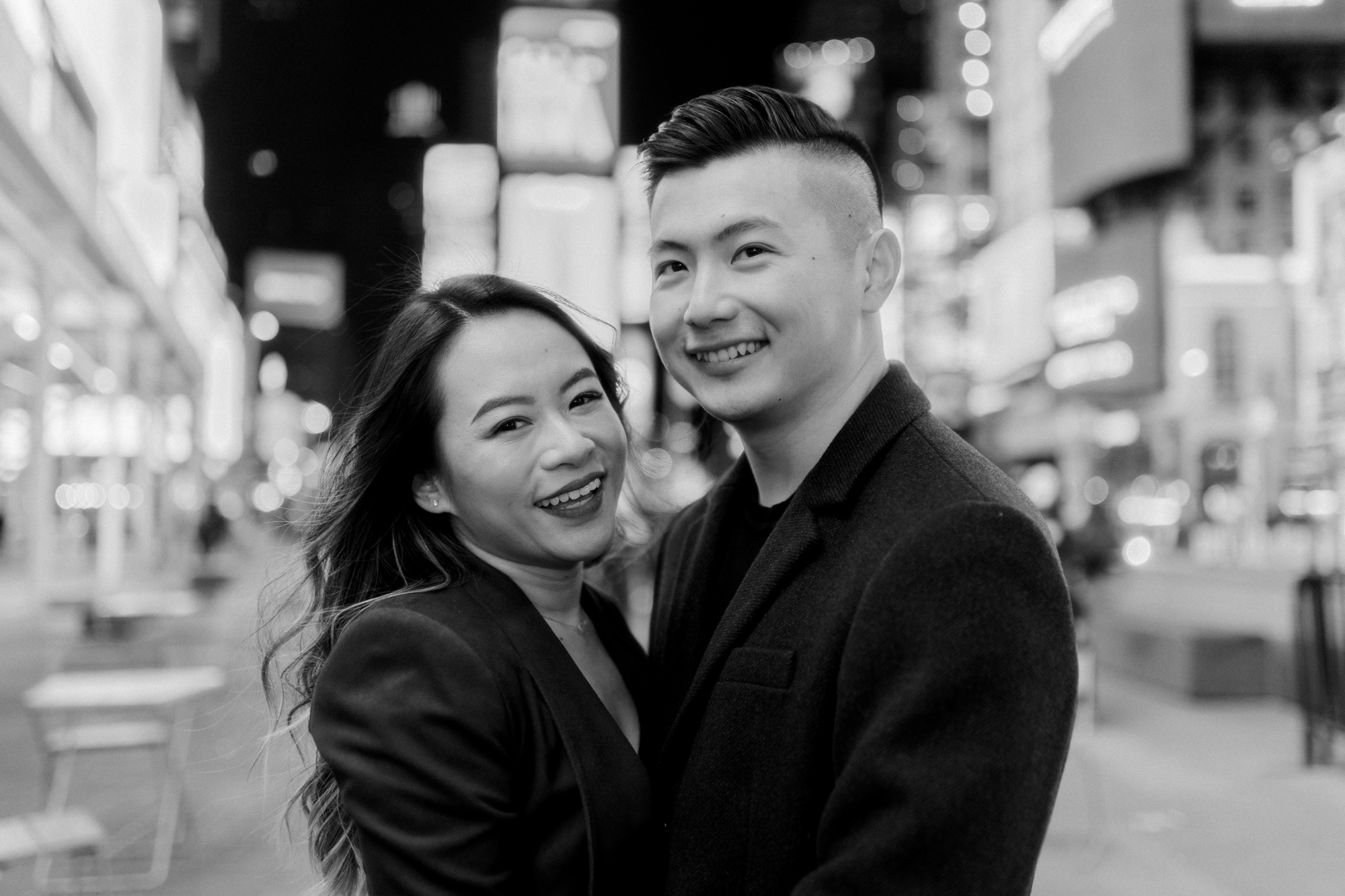 Romantic Nighttime Winter Engagement Photos in New York's Iconic Times Square