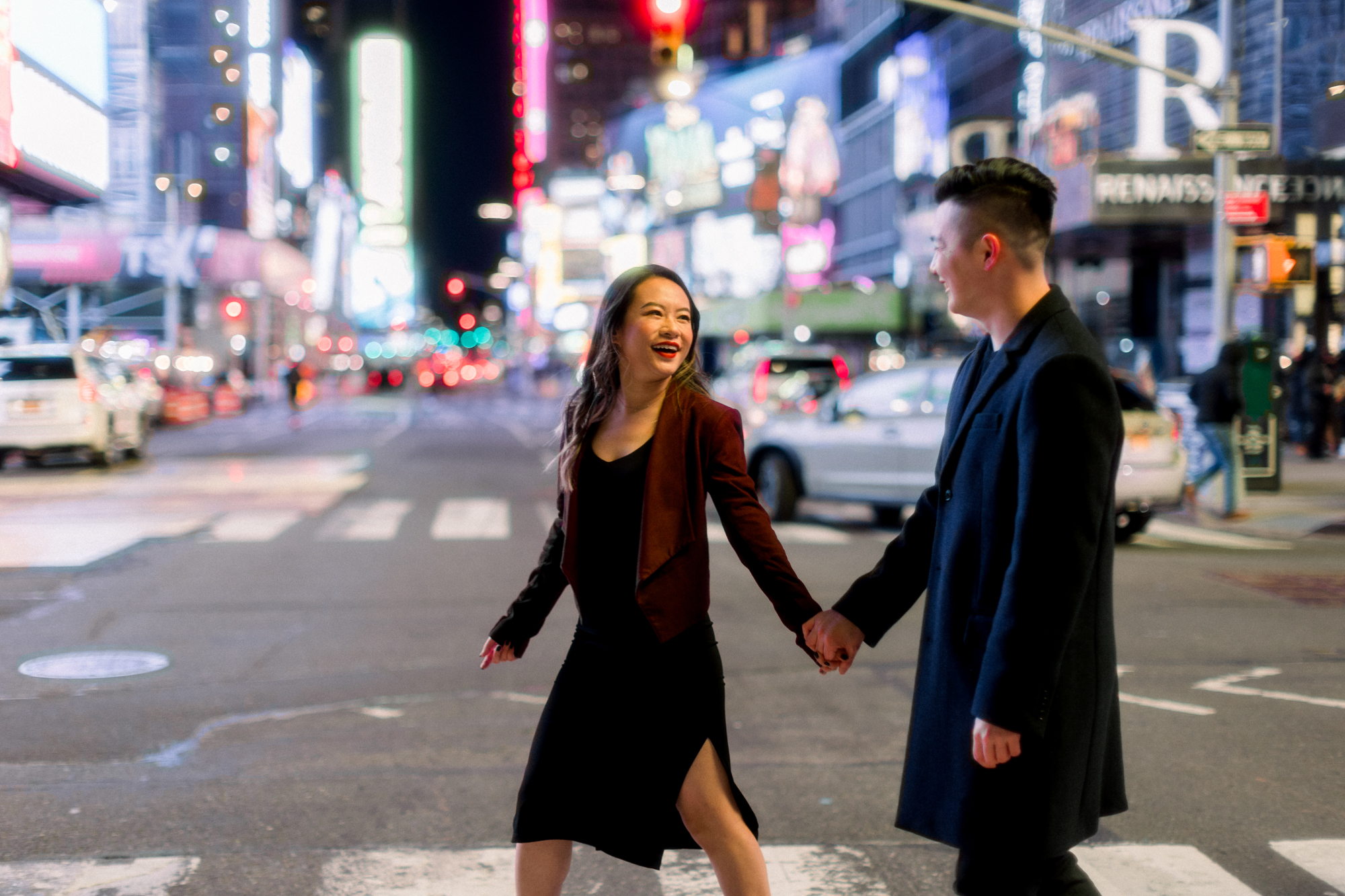 Glowing Iconic Winter Times Square Engagement Shoot  at Night