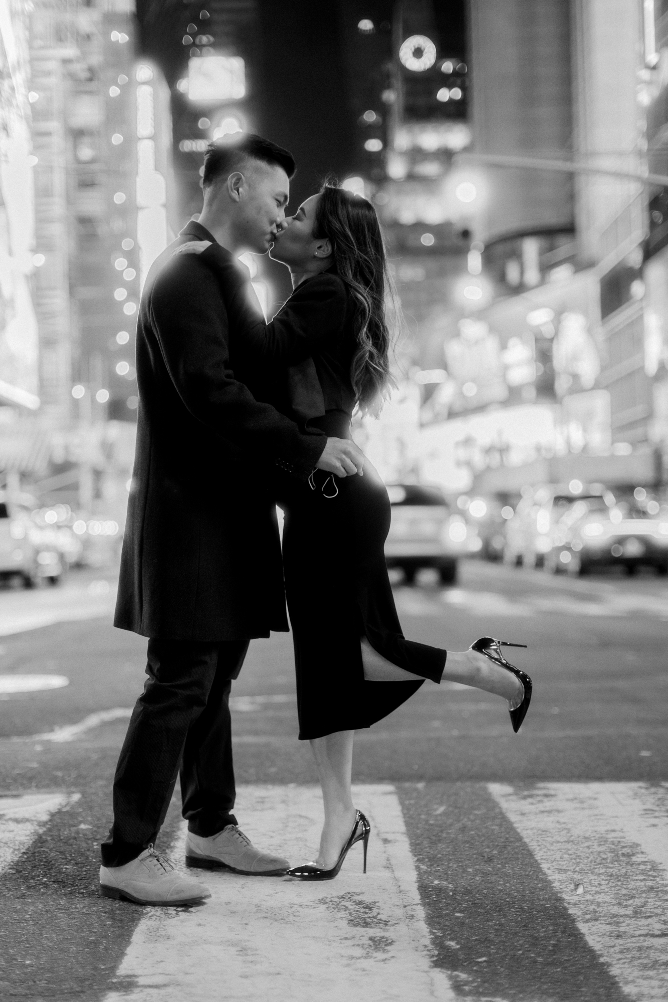 Vivid Nighttime Winter Engagement Photos in New York's Iconic Times Square