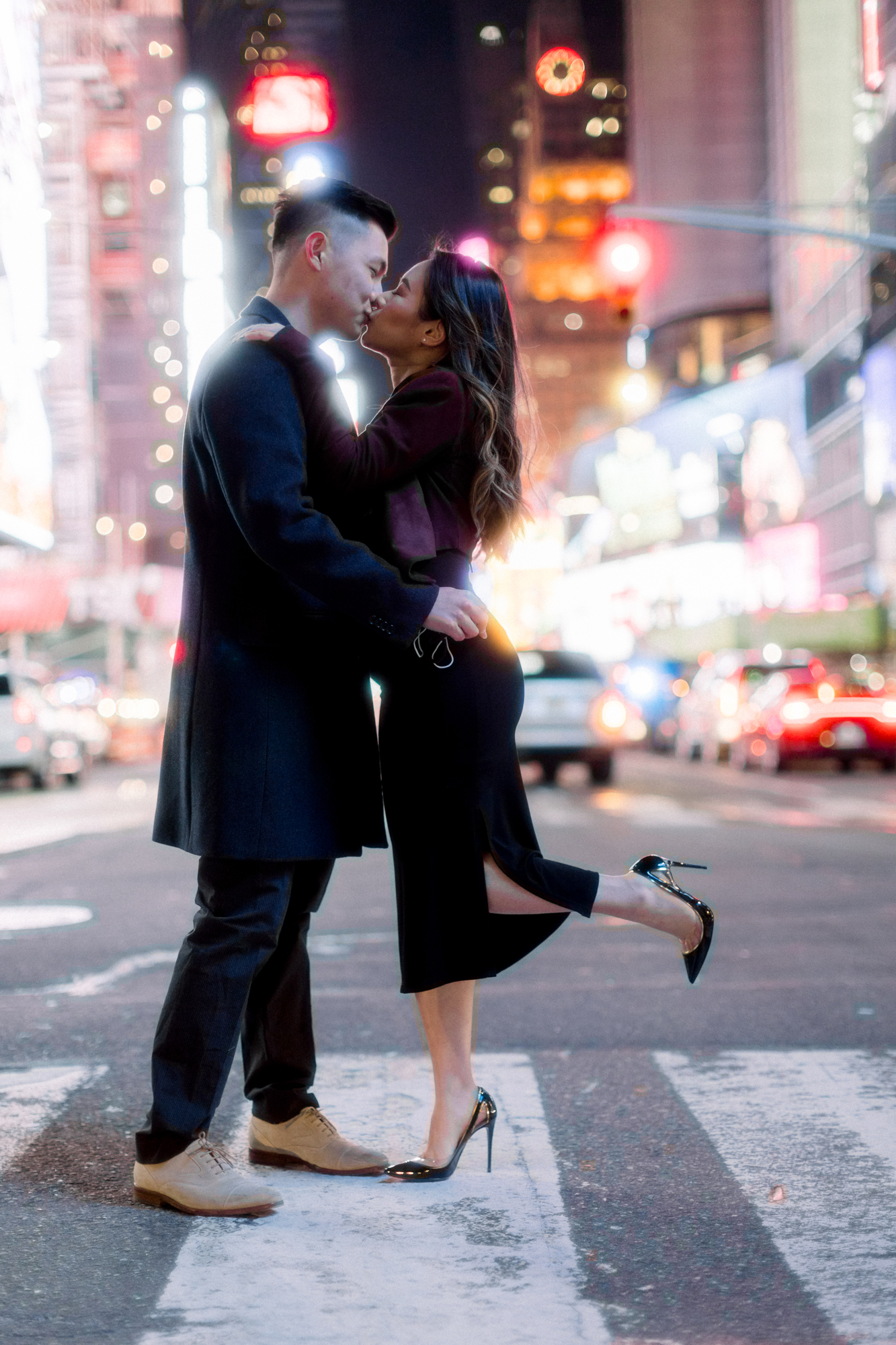 Unique Nighttime Winter Engagement Photos in New York's Iconic Times Square