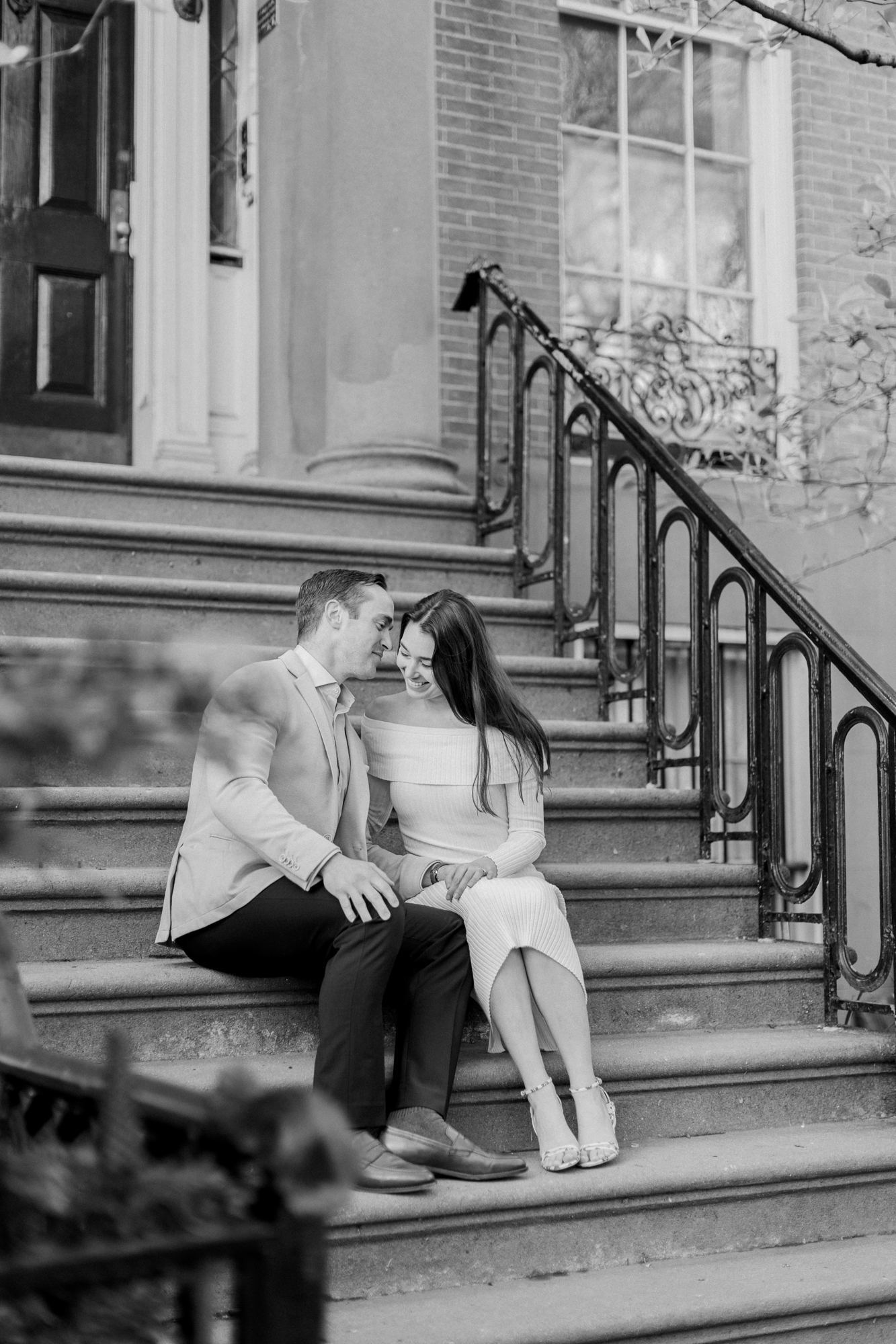 Black and white Spring Engagement Photos in Washington Square Park NYC