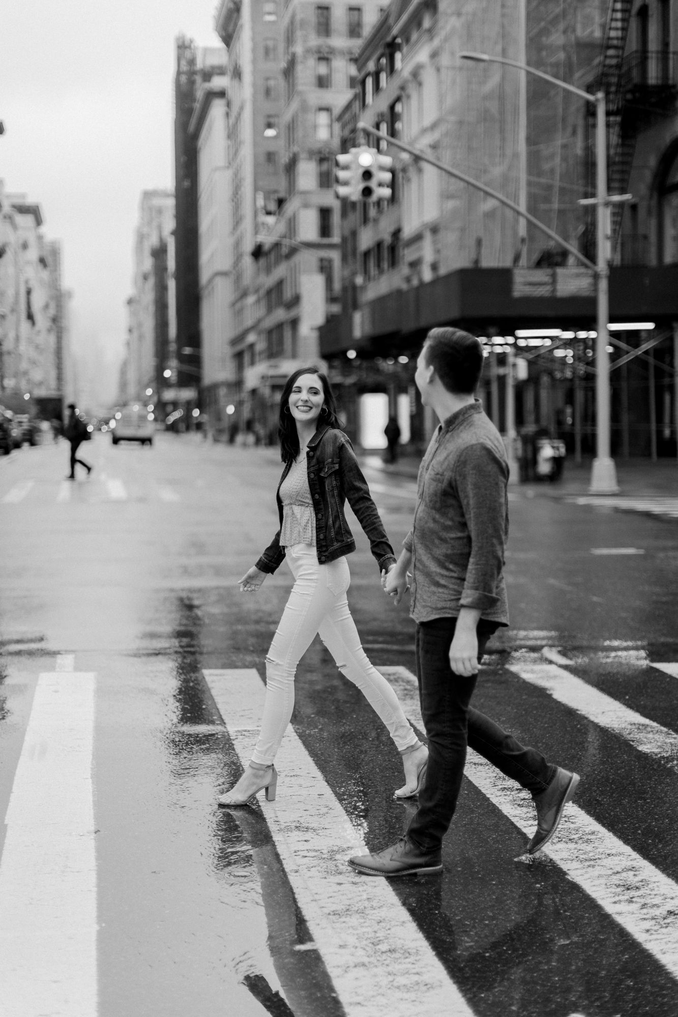 Cinematic Rainy Engagement Photos in Flatiron NYC in Spring