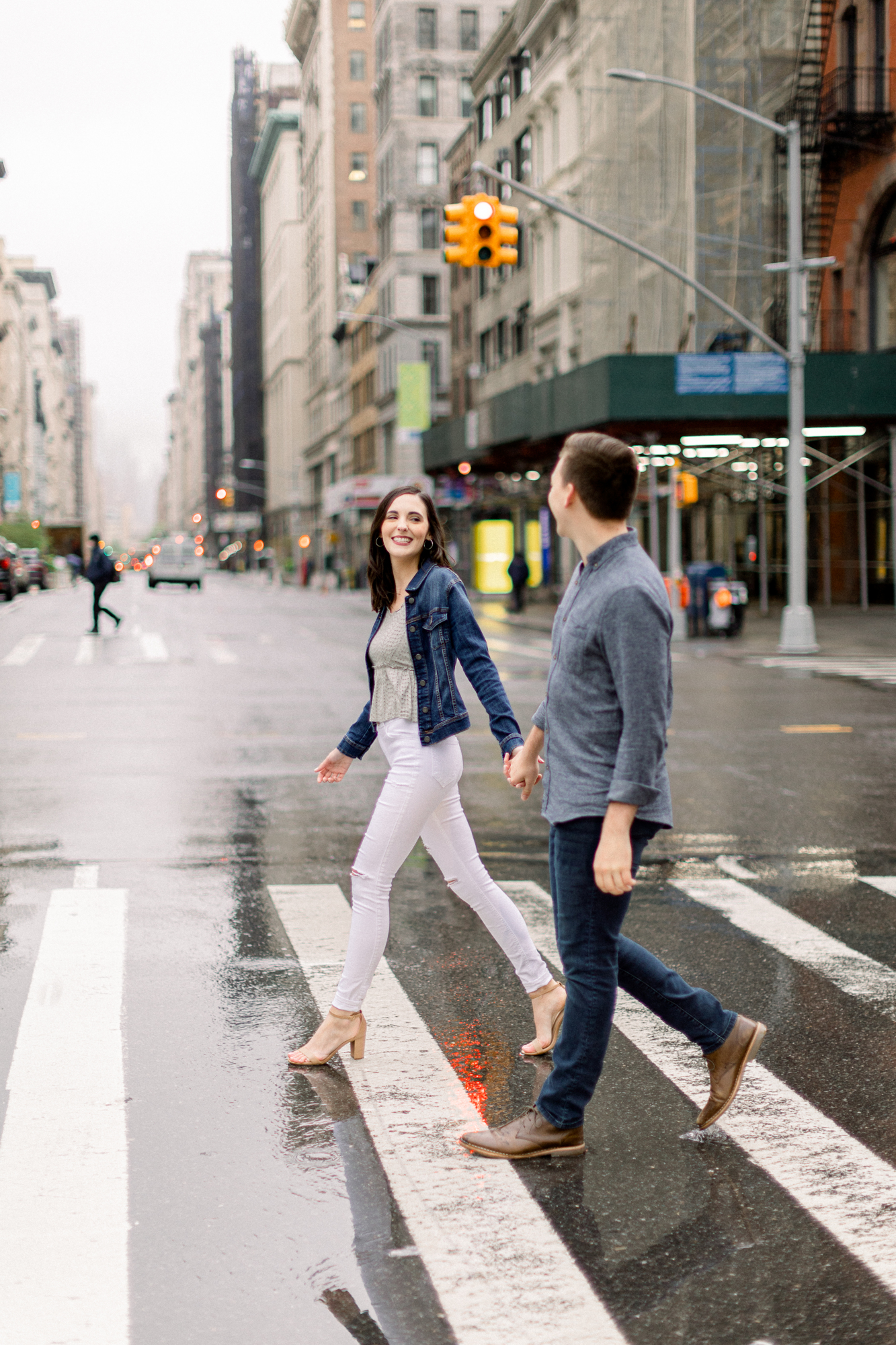 Candid Rainy Engagement Photos in Flatiron NYC in Spring