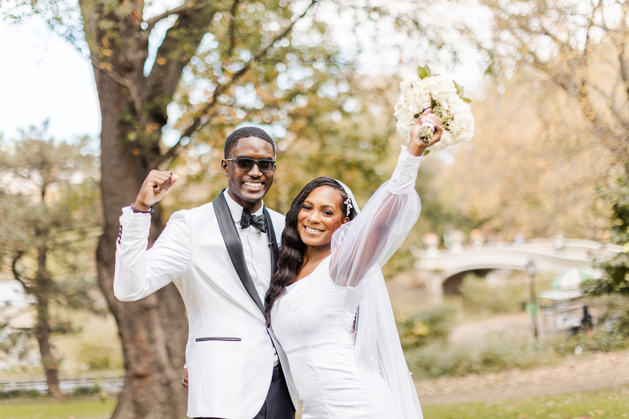 Joyful Central Park Wedding Photos on Cherry Hill in Fall