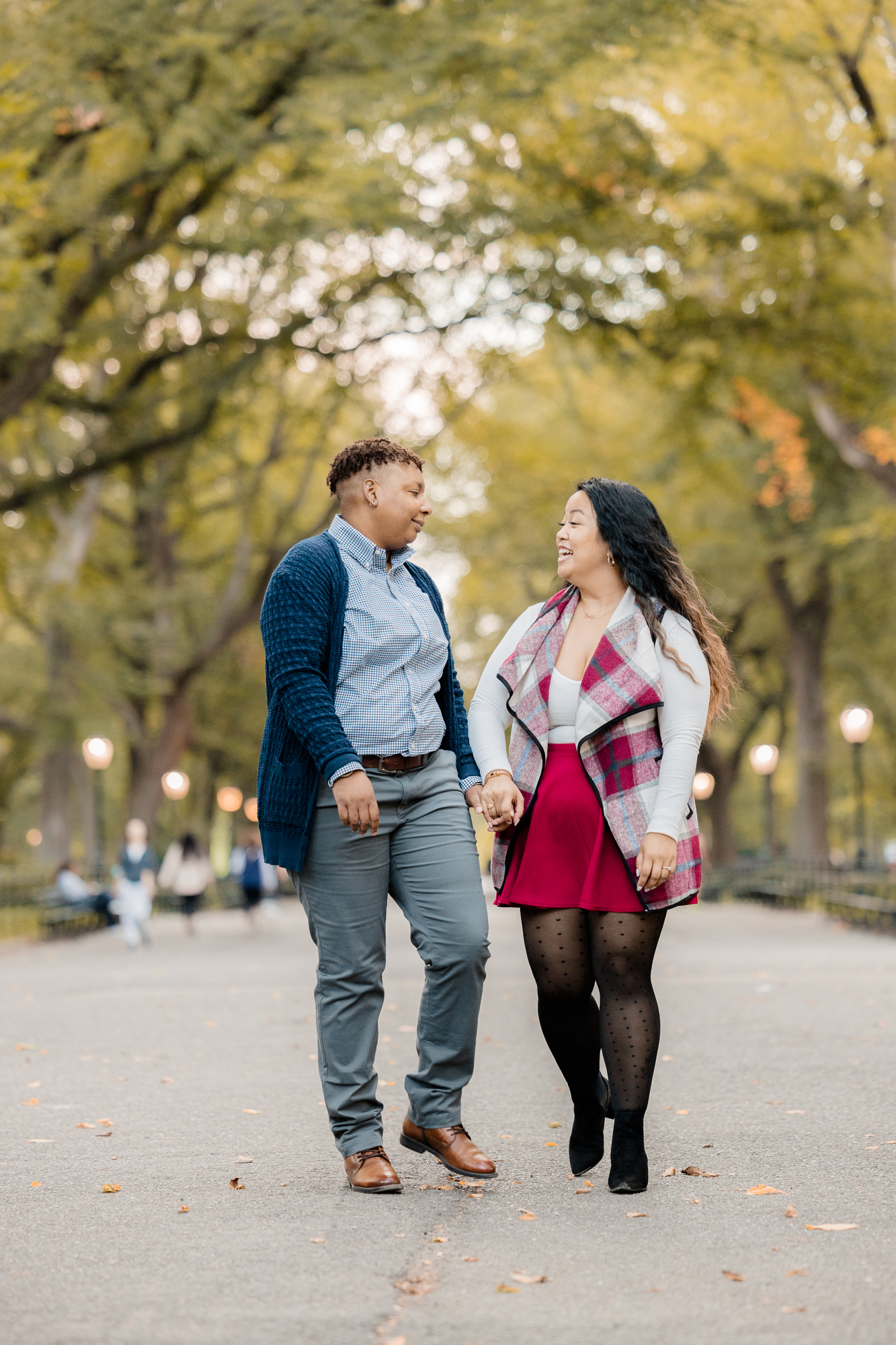 Playful Central Park Engagement Photos in Autumn at Sunrise