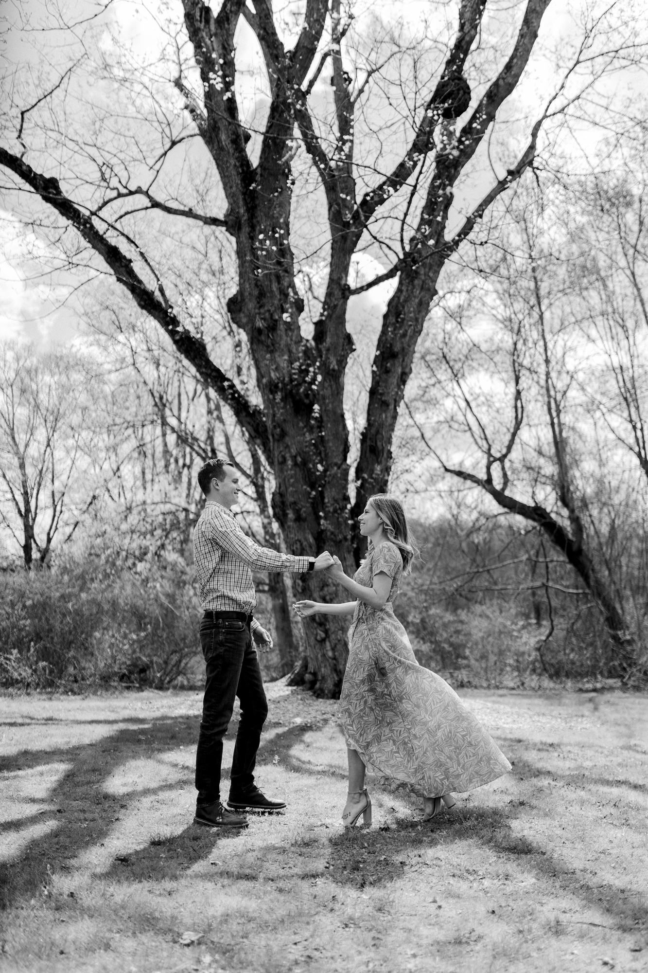 Black and White Waterloo Village Engagement Photos in Springy New Jersey