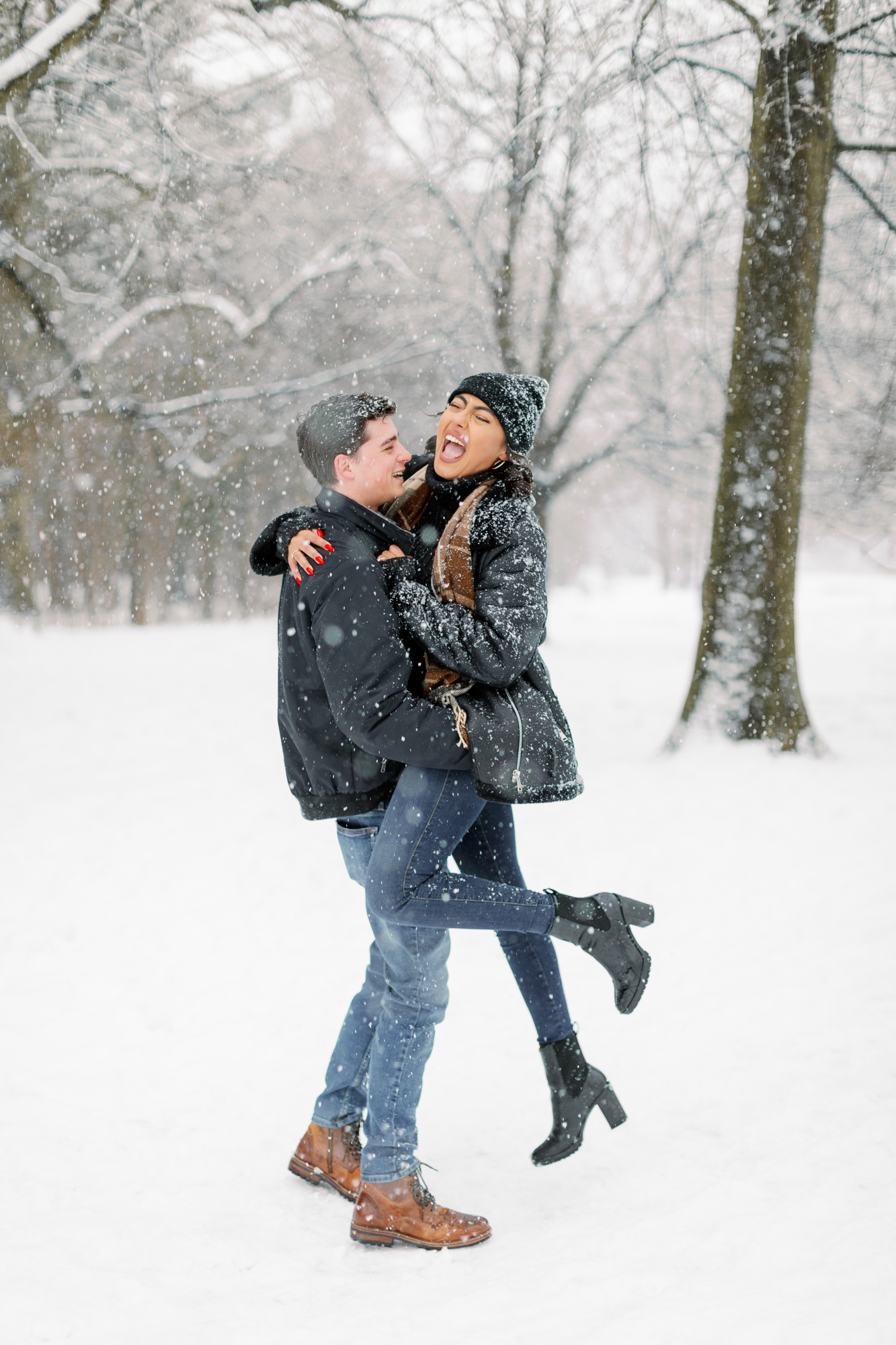 Lively Winter Engagement Photos in Snowy Prospect Park