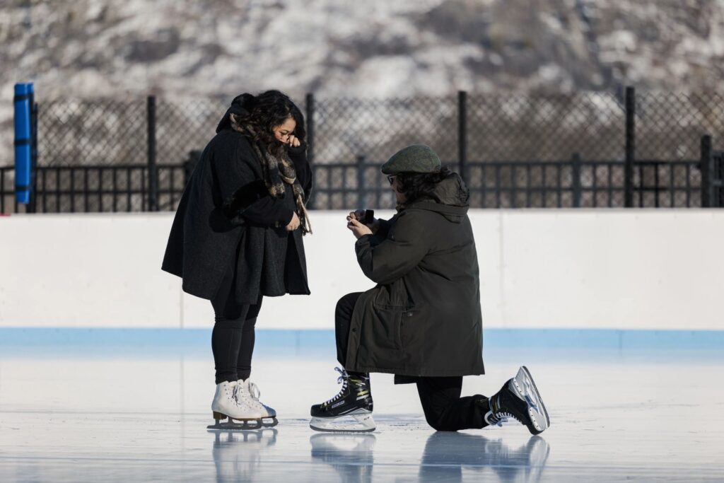 Hudson Valley proposal photographers documenting the question, tears, and joyful hugs at Bear Mountain Ice Rink