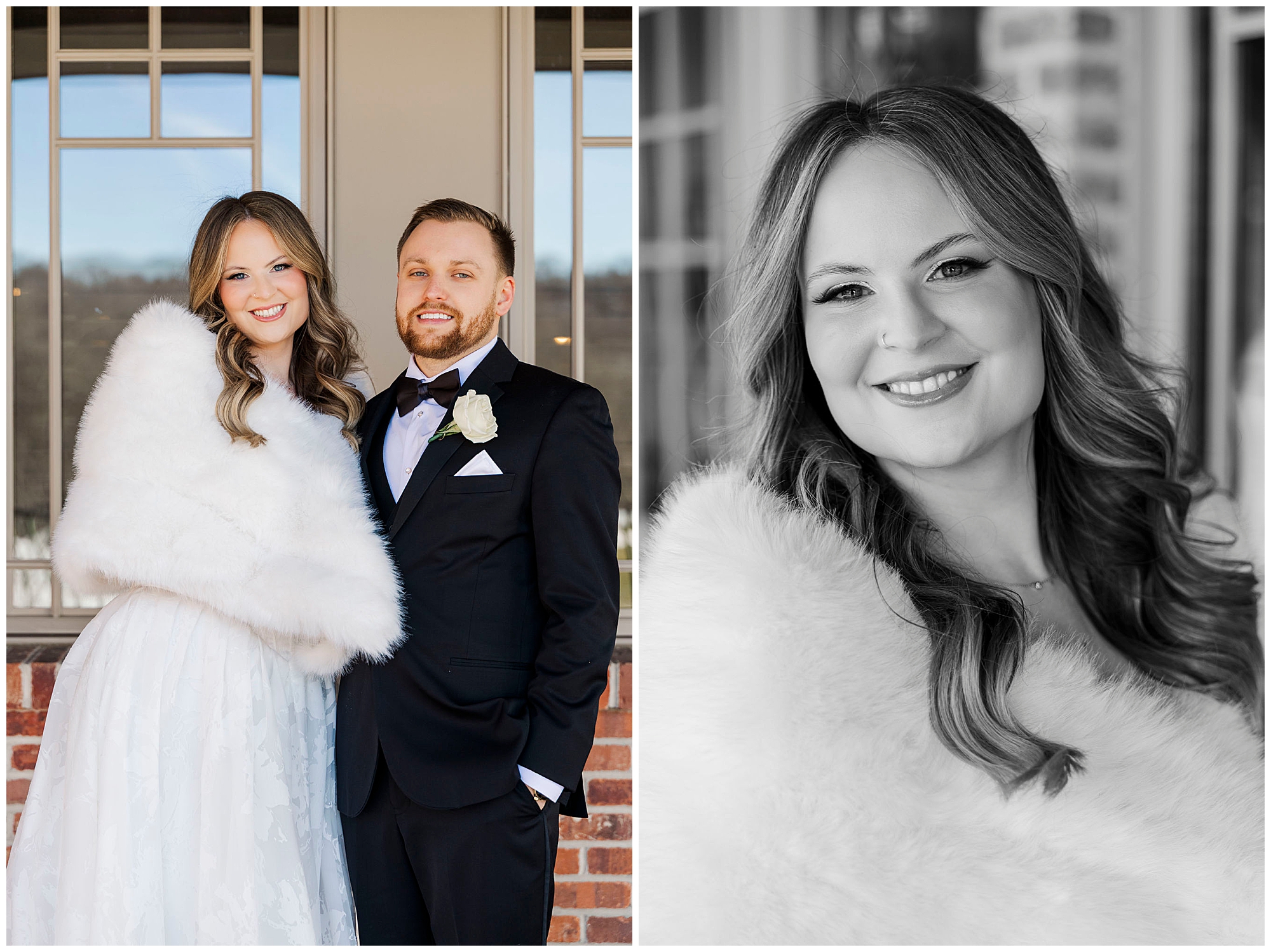 Joyful candid wedding photo at Great River Golf Club in winter