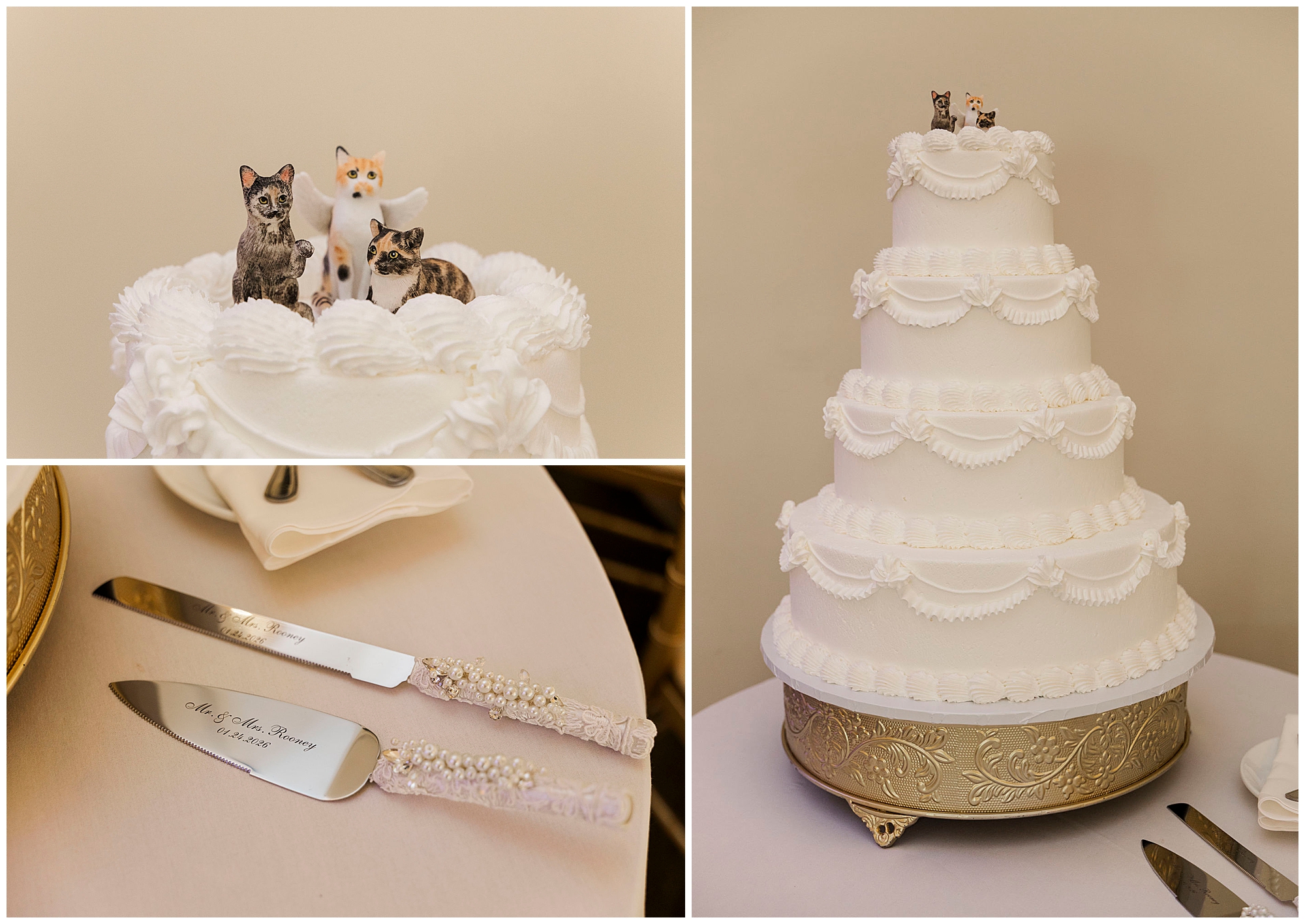 Ballroom ceremony space prepared for winter wedding at Great River Golf Club