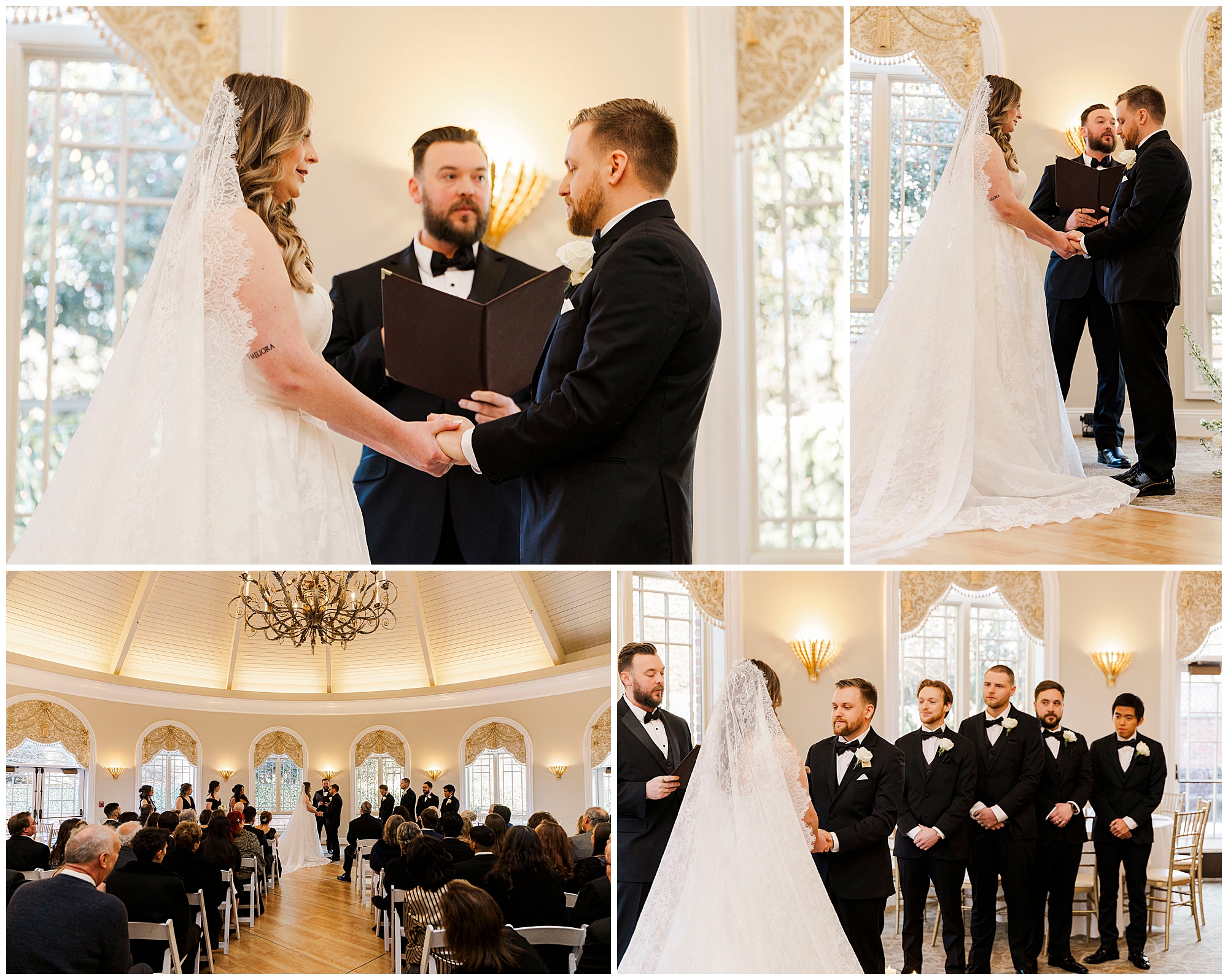 Wedding cake display at Great River Golf Club ballroom reception