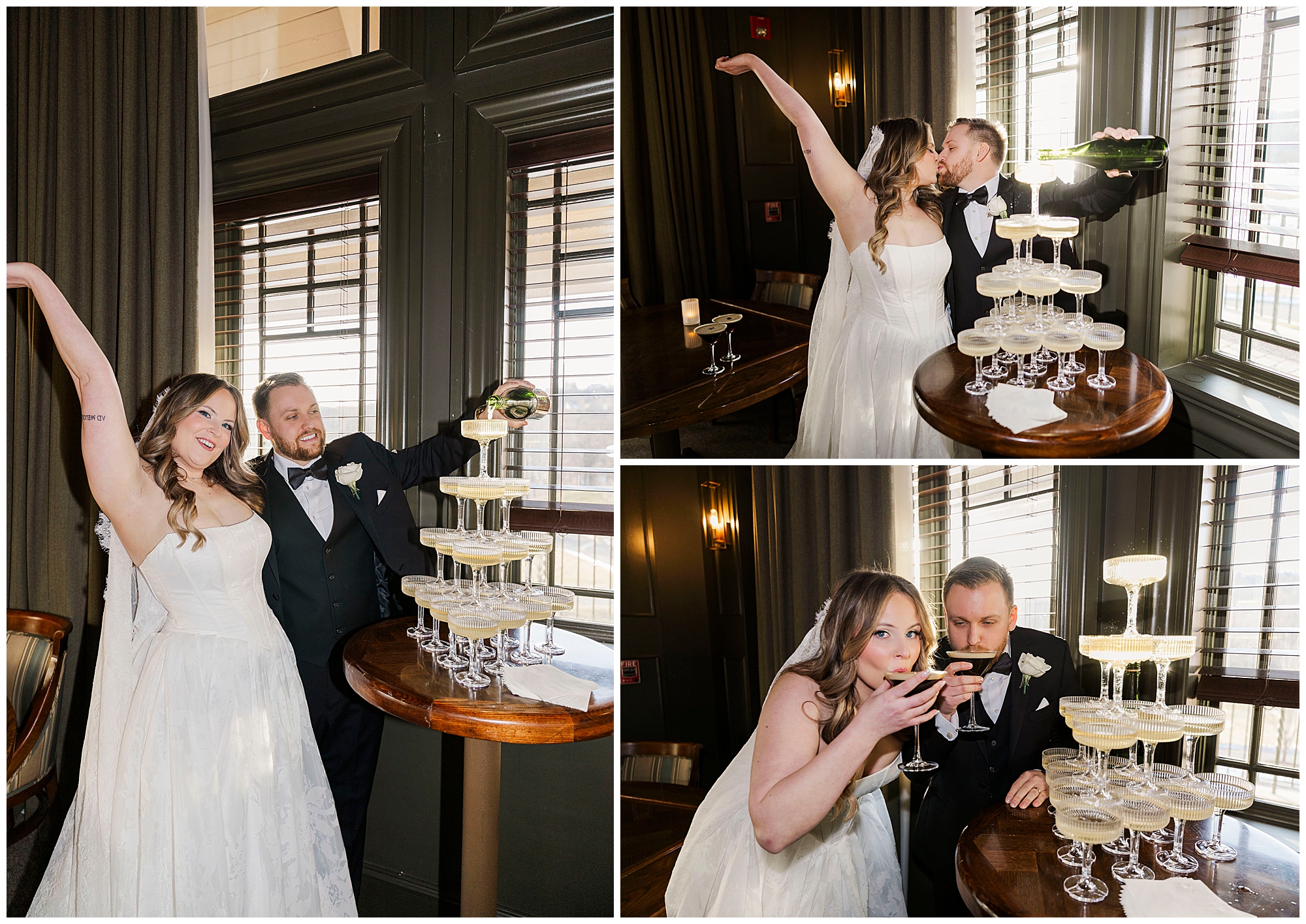 Winter wedding ceremony moment inside Great River Golf Club ballroom