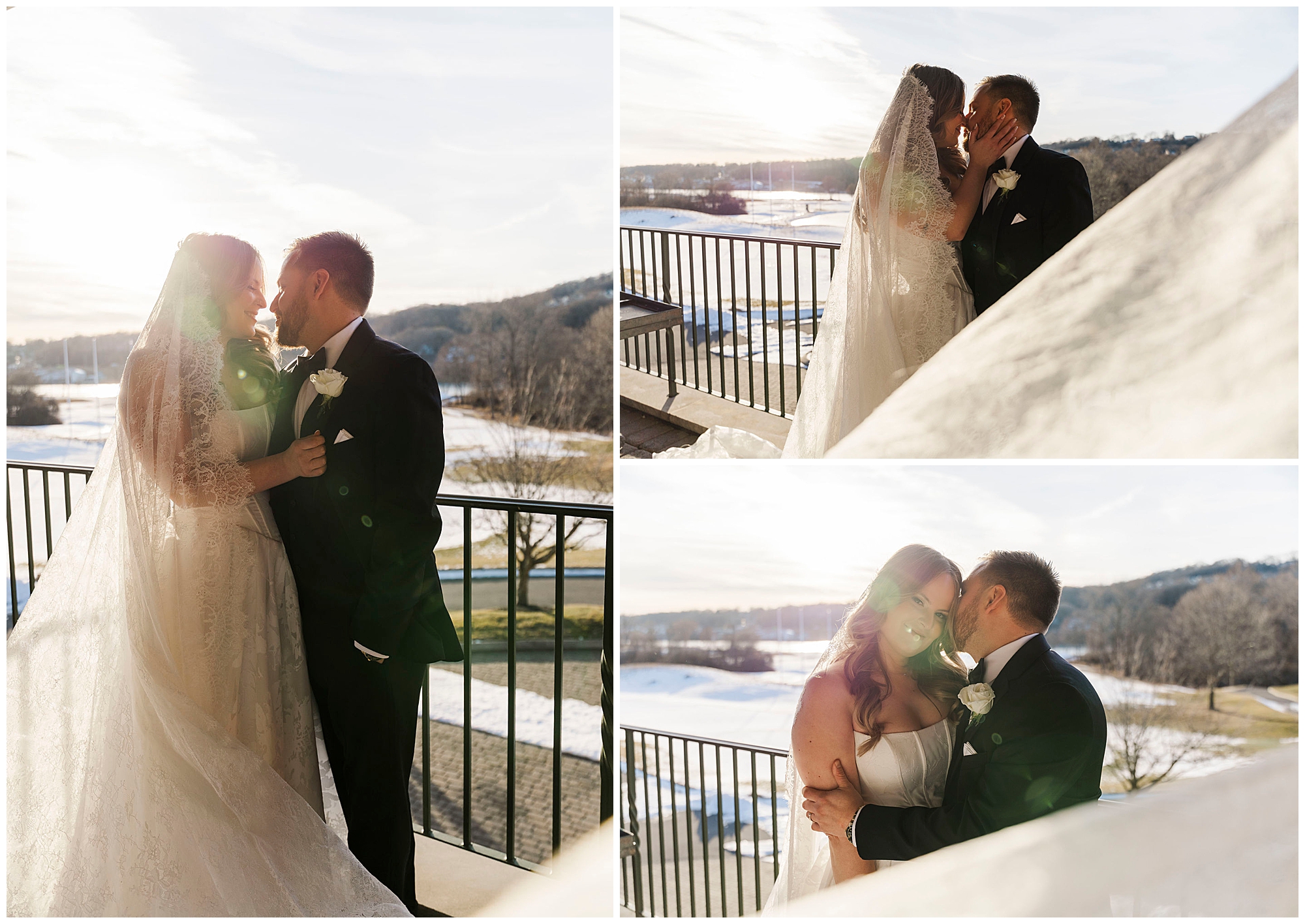 Couple embracing outdoors at Great River Golf Club on a chilly winter day