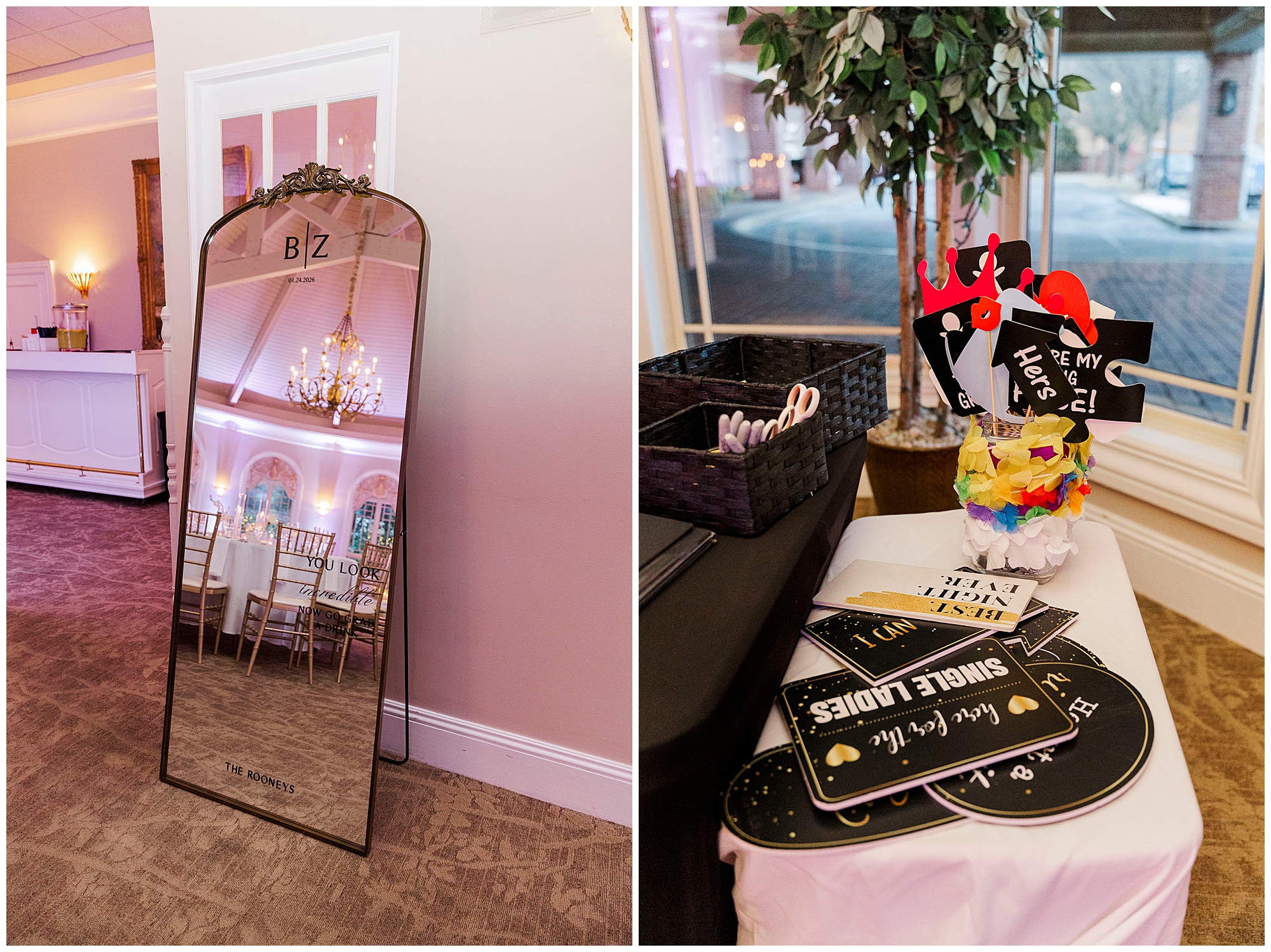 Romantic sunset portraits at Great River Golf Club during winter wedding