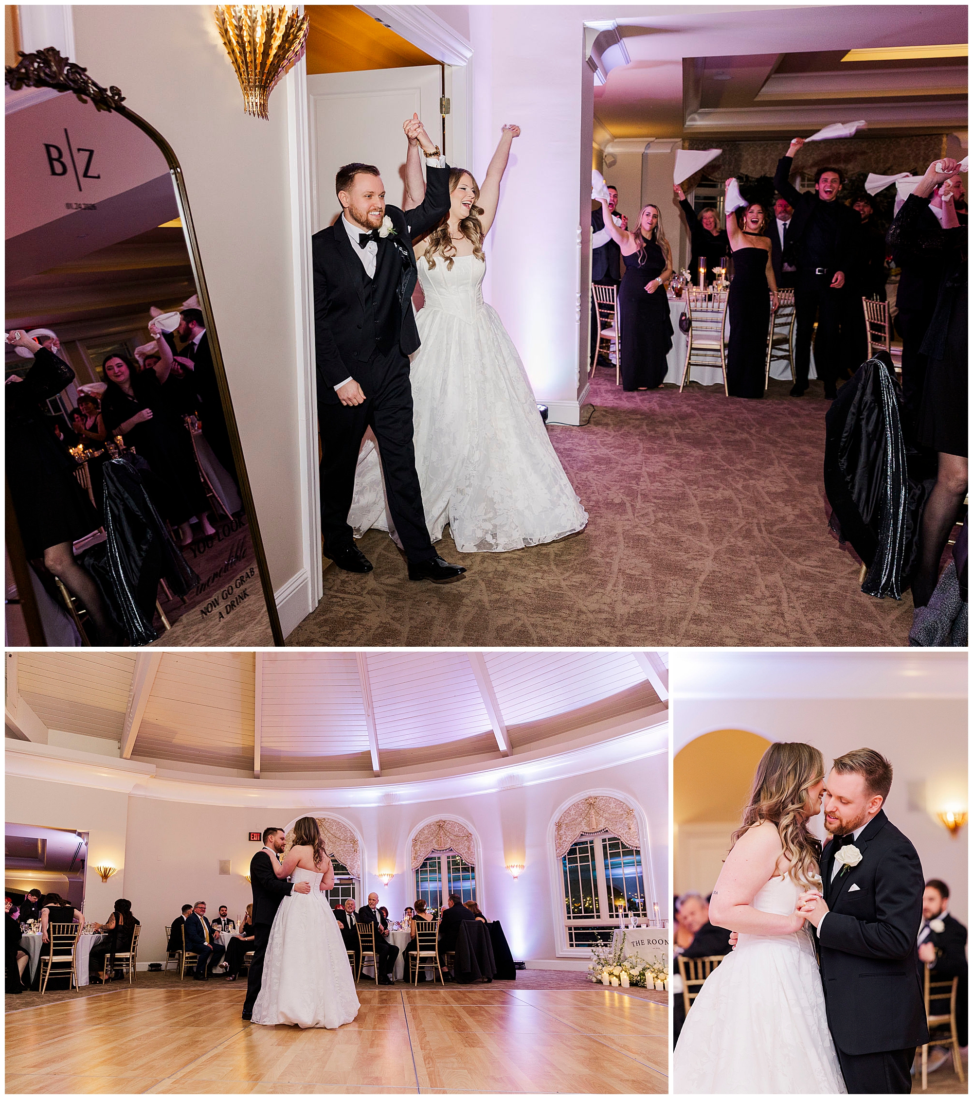 Great River Golf Club ballroom decorated for an elegant winter wedding reception