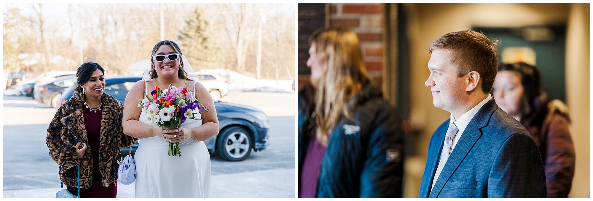 Bride and groom walking into City Winery Hudson Valley for reception