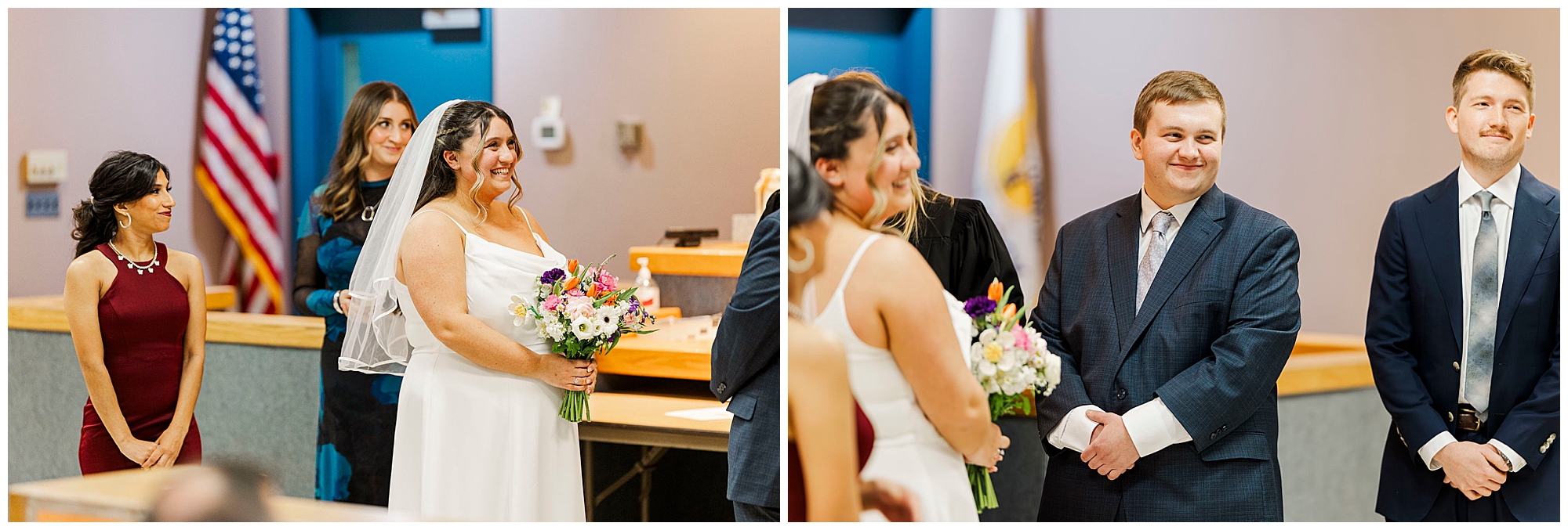 Newlyweds in formal winter attire posed at New Windsor City Hall