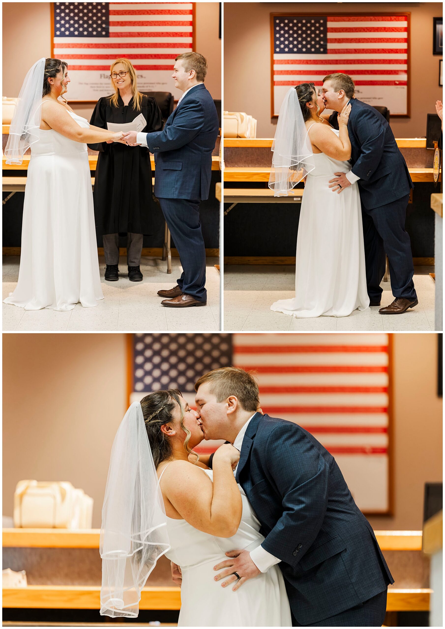 Bride and groom smiling together outside New Windsor Justice Court after winter ceremony