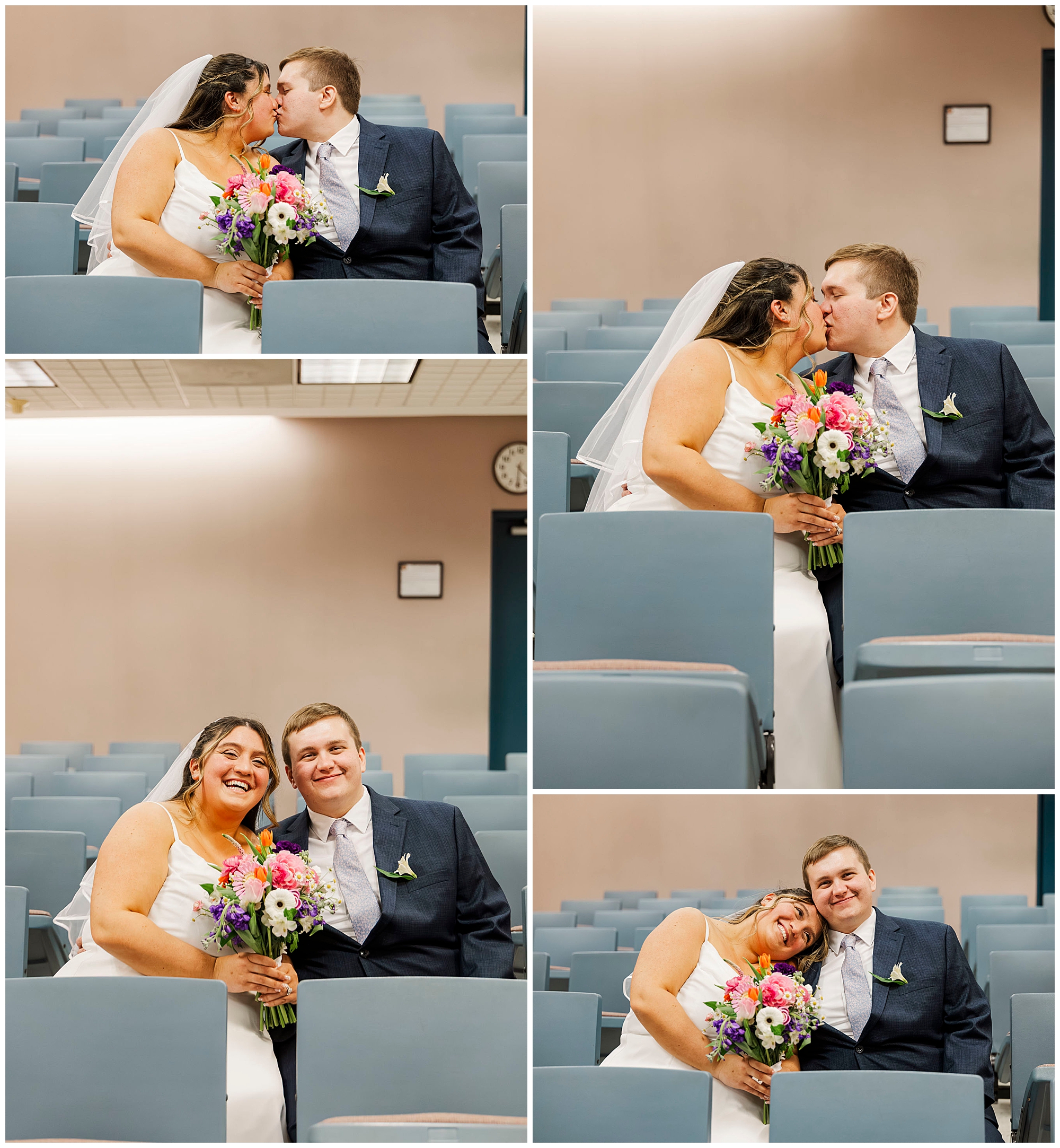 Warm embrace captured outside New Windsor Justice Court during snow flurries
