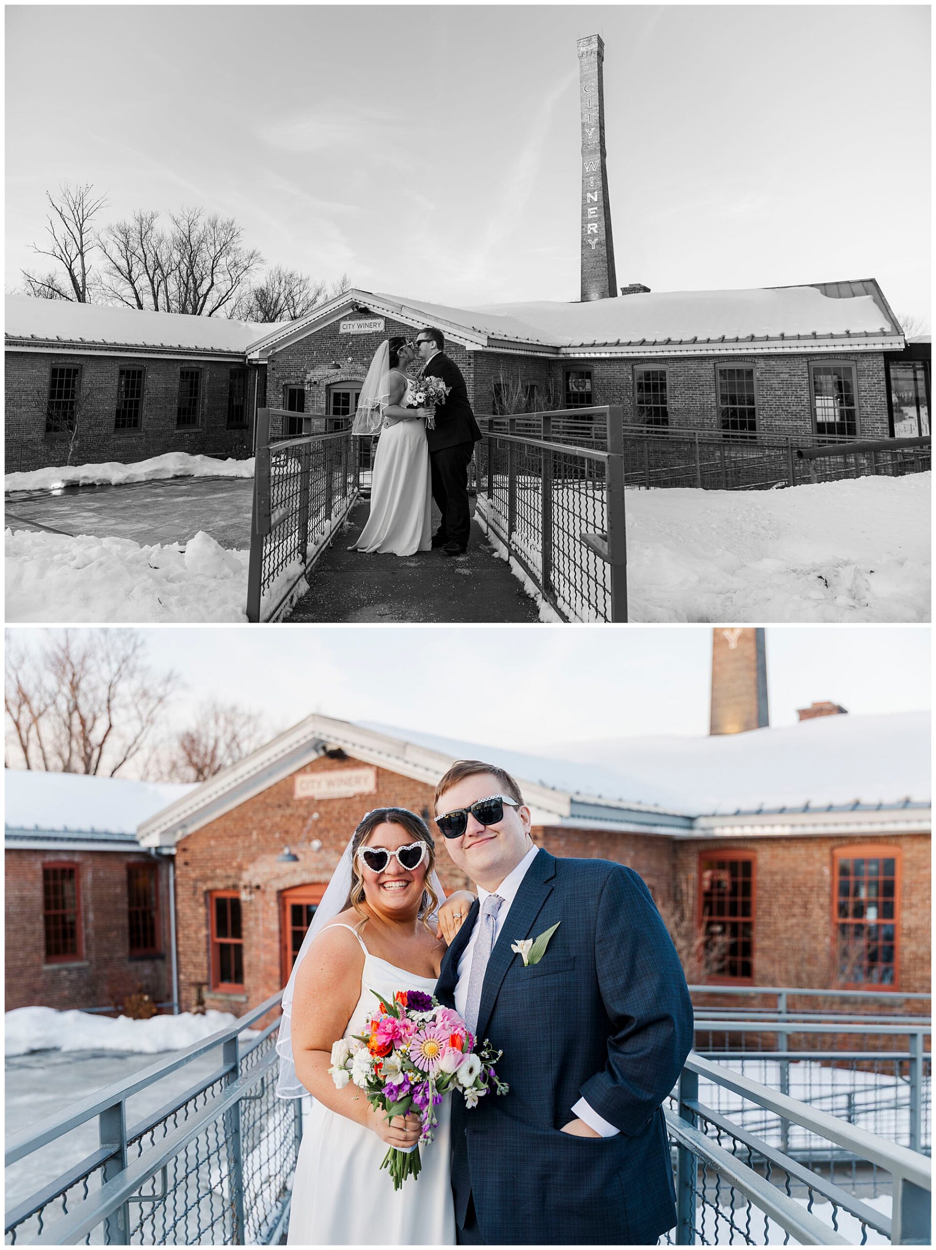 Close-up of bride’s bouquet on courthouse steps in New Windsor