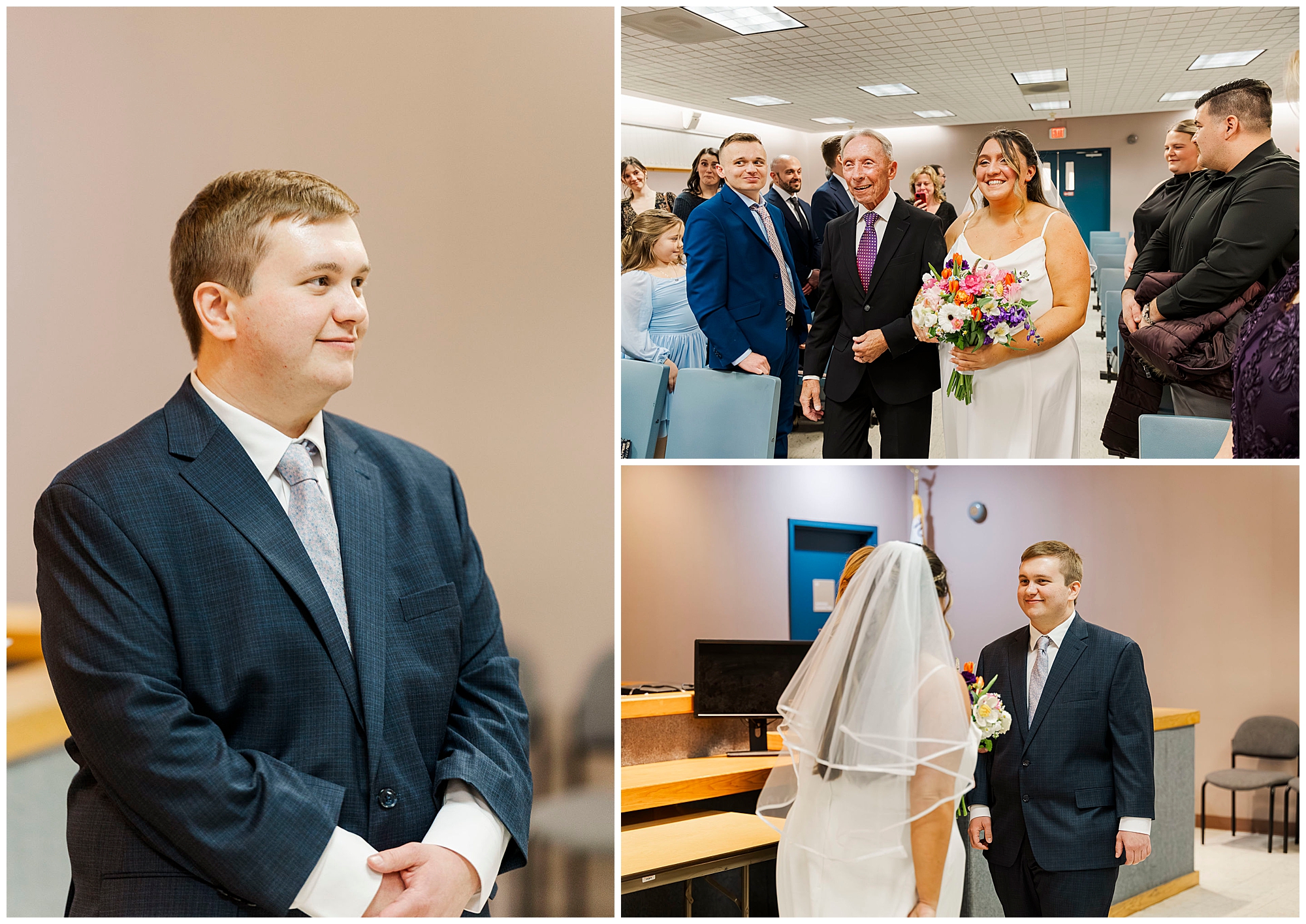 Winter courthouse wedding celebration candid moment with guests smiling