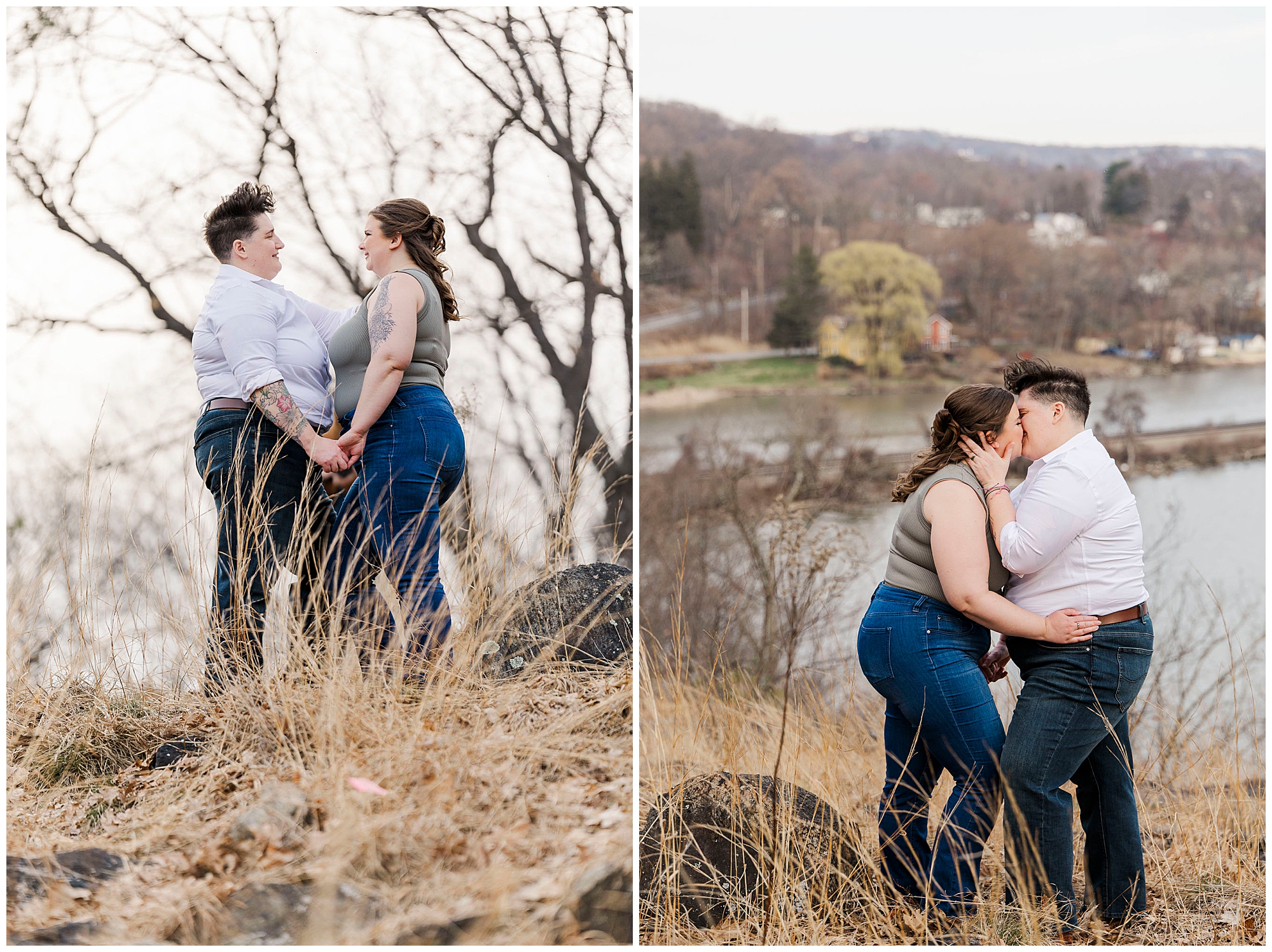 Two women among bare trees during an early spring Hudson Valley engagement session