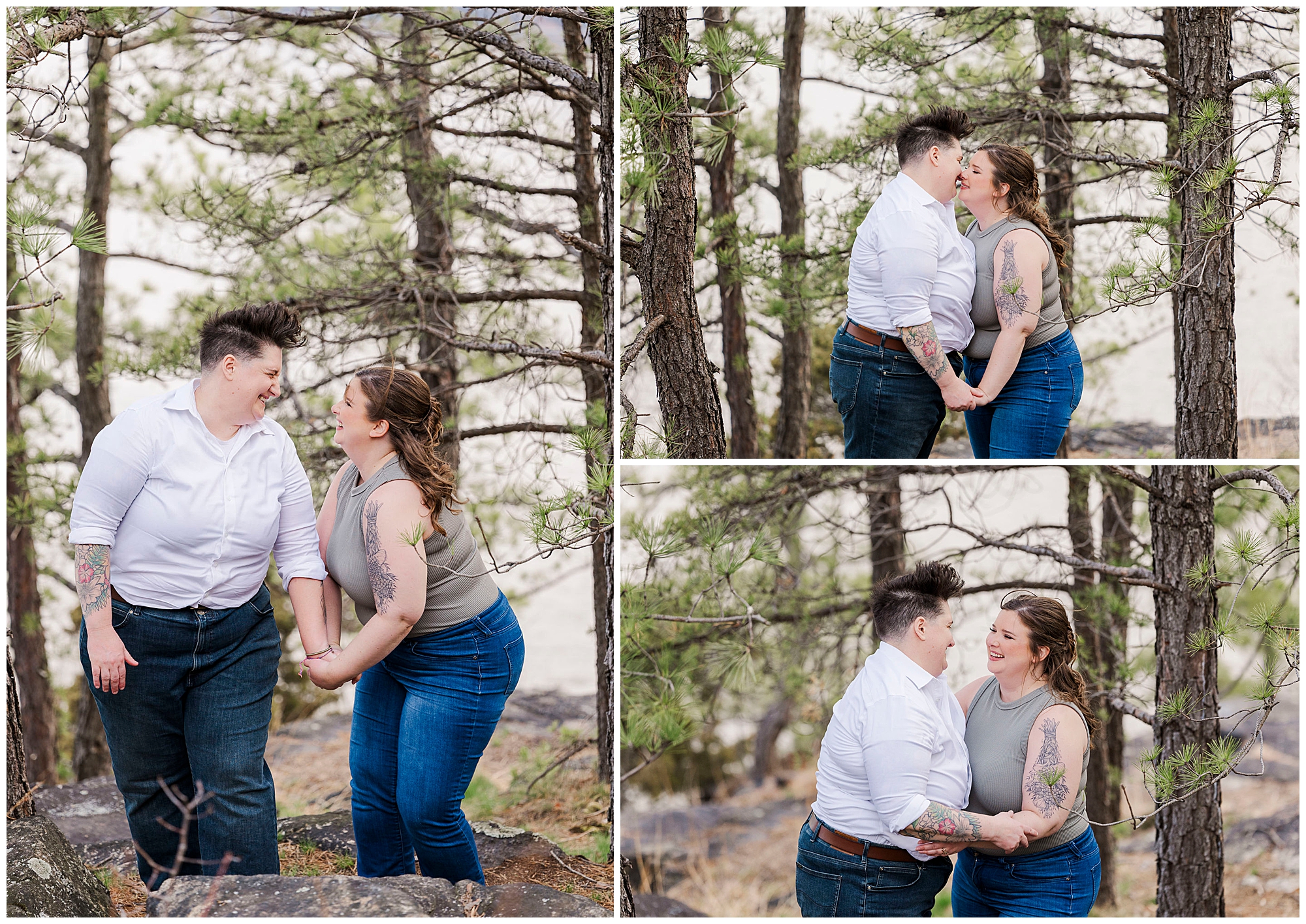 LGBTQ couple on the forest path at Little Stony Point Park in early spring