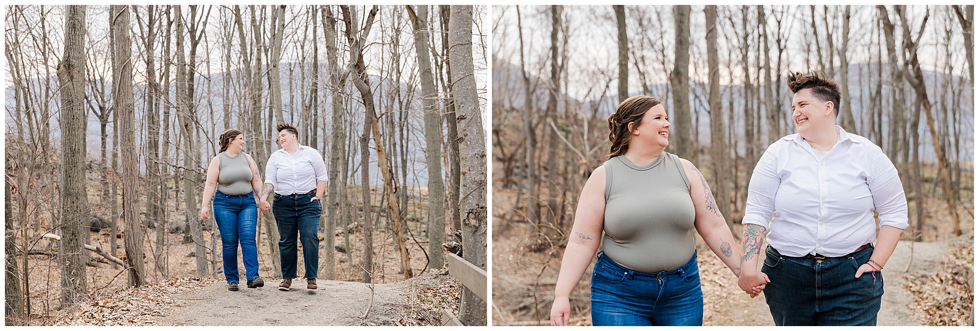 LGBTQ couple strolling through bare trees during a March engagement session in the Hudson Valley