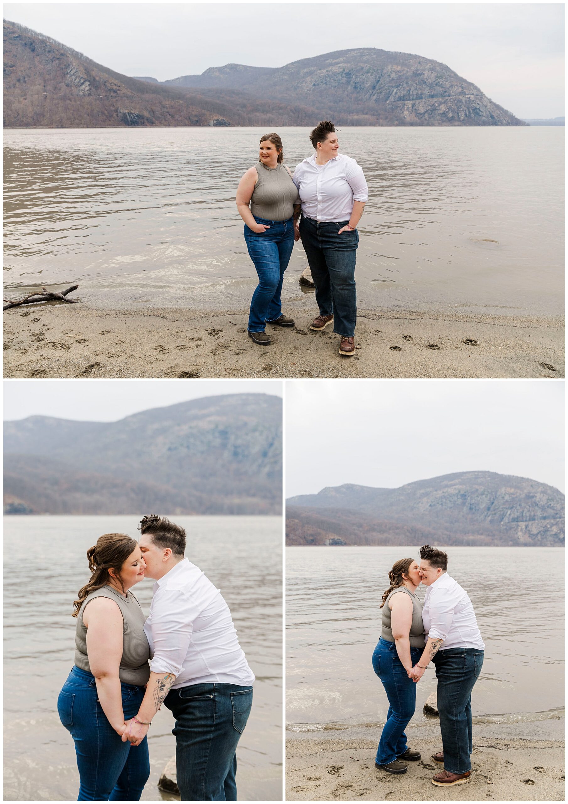 Megan and Beth on the rocky Hudson River shoreline with Storm King Mountain behind them