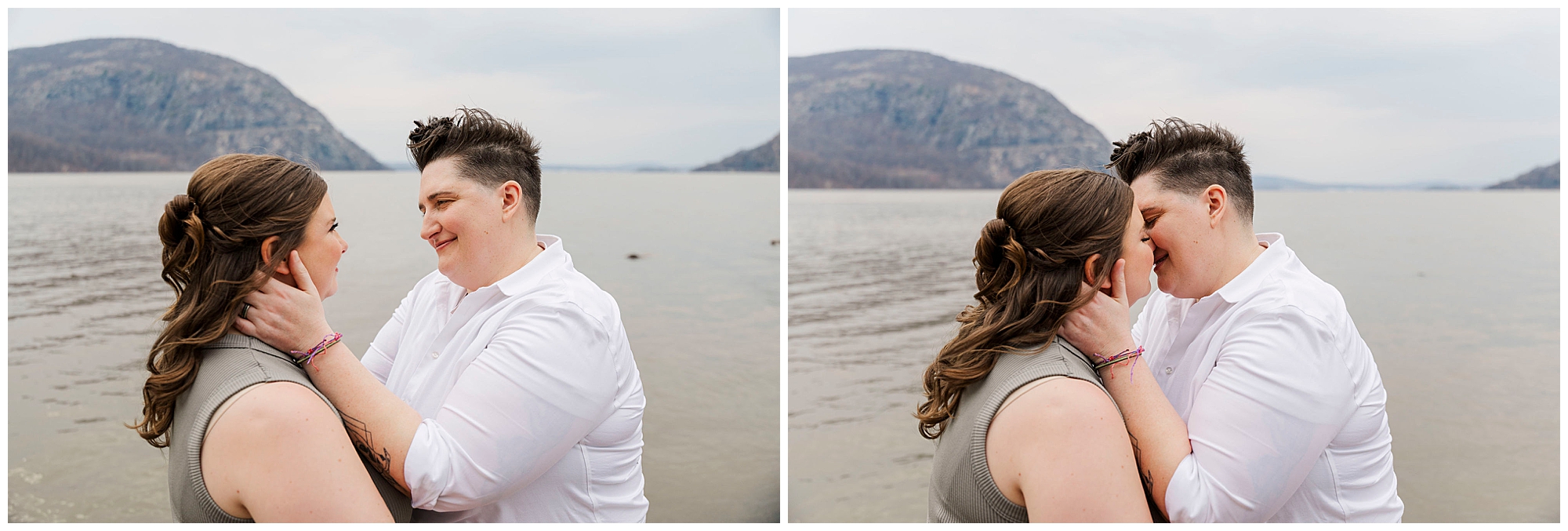 Megan and Beth embracing on the Cold Spring shoreline under a moody overcast sky