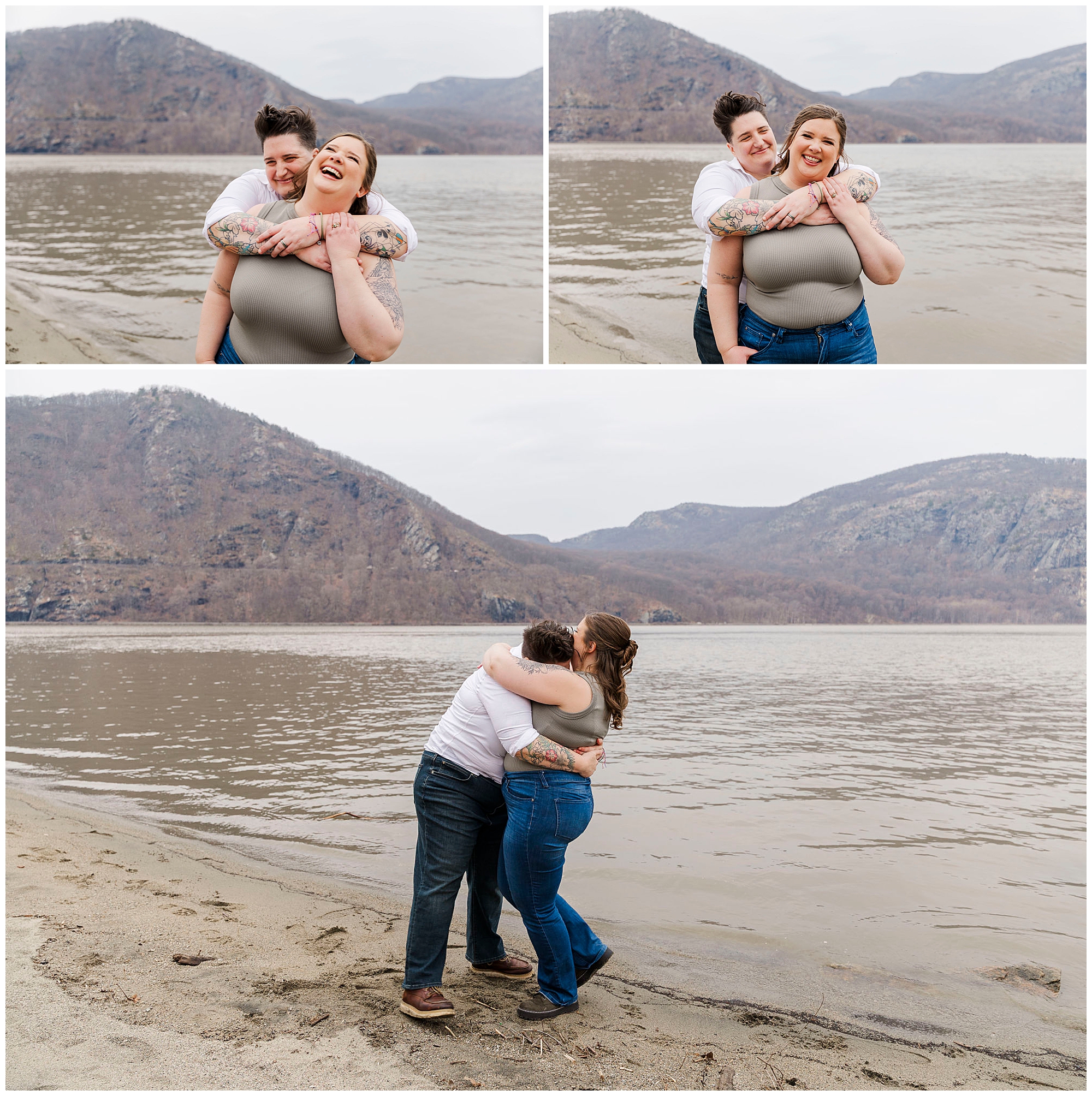 LGBTQ couple laughing on the pebbled beach at Little Stony Point in early spring