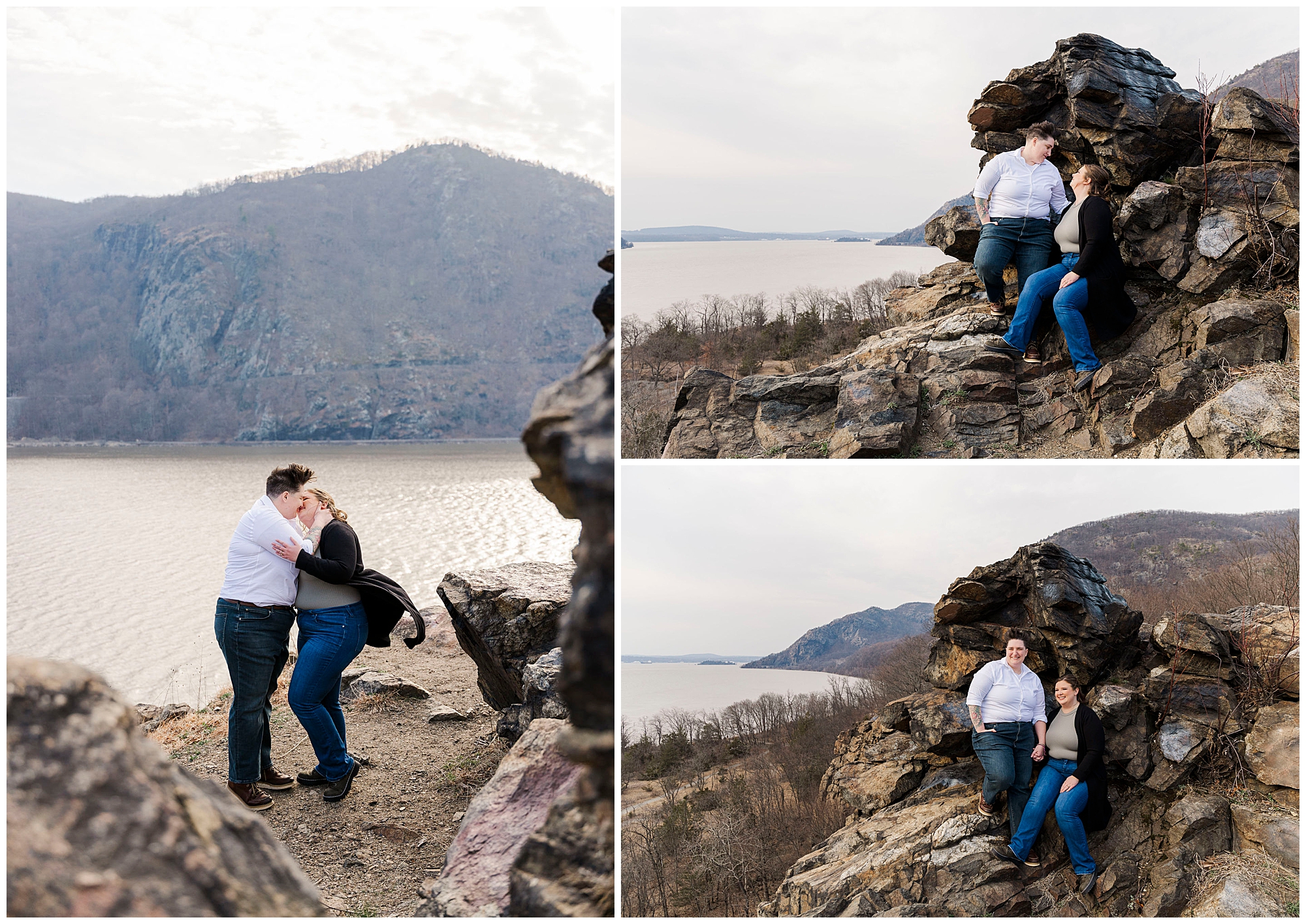 LGBTQ couple sitting on the rocks at Little Stony Point with the Hudson River behind them