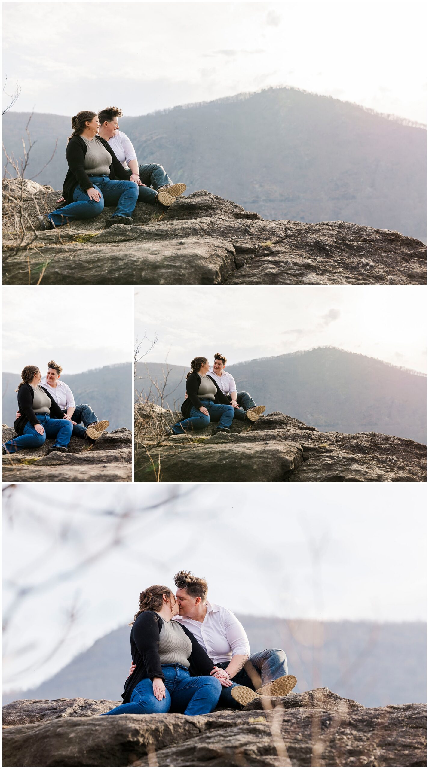 LGBTQ couple sharing a quiet moment at Little Stony Point under an overcast sky 