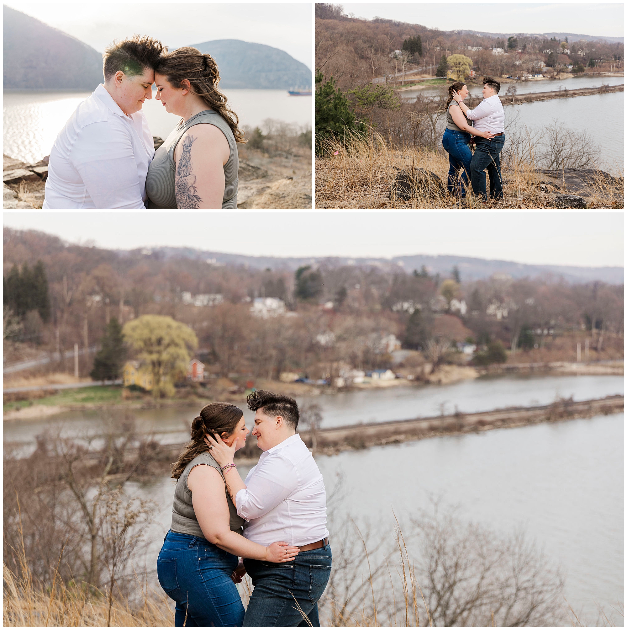 Megan and Beth embracing at Little Stony Point Park on a cloudy March day