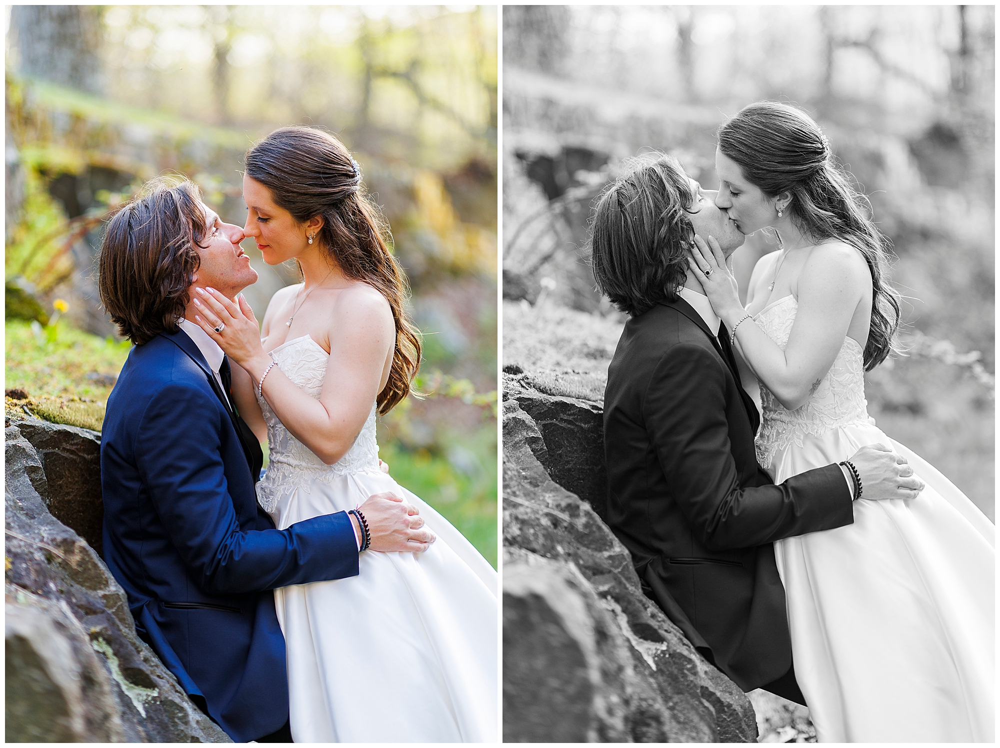 Couple in wedding attire embrace and kiss outdoors by stone ruins, shown in color and black-and-white versions.