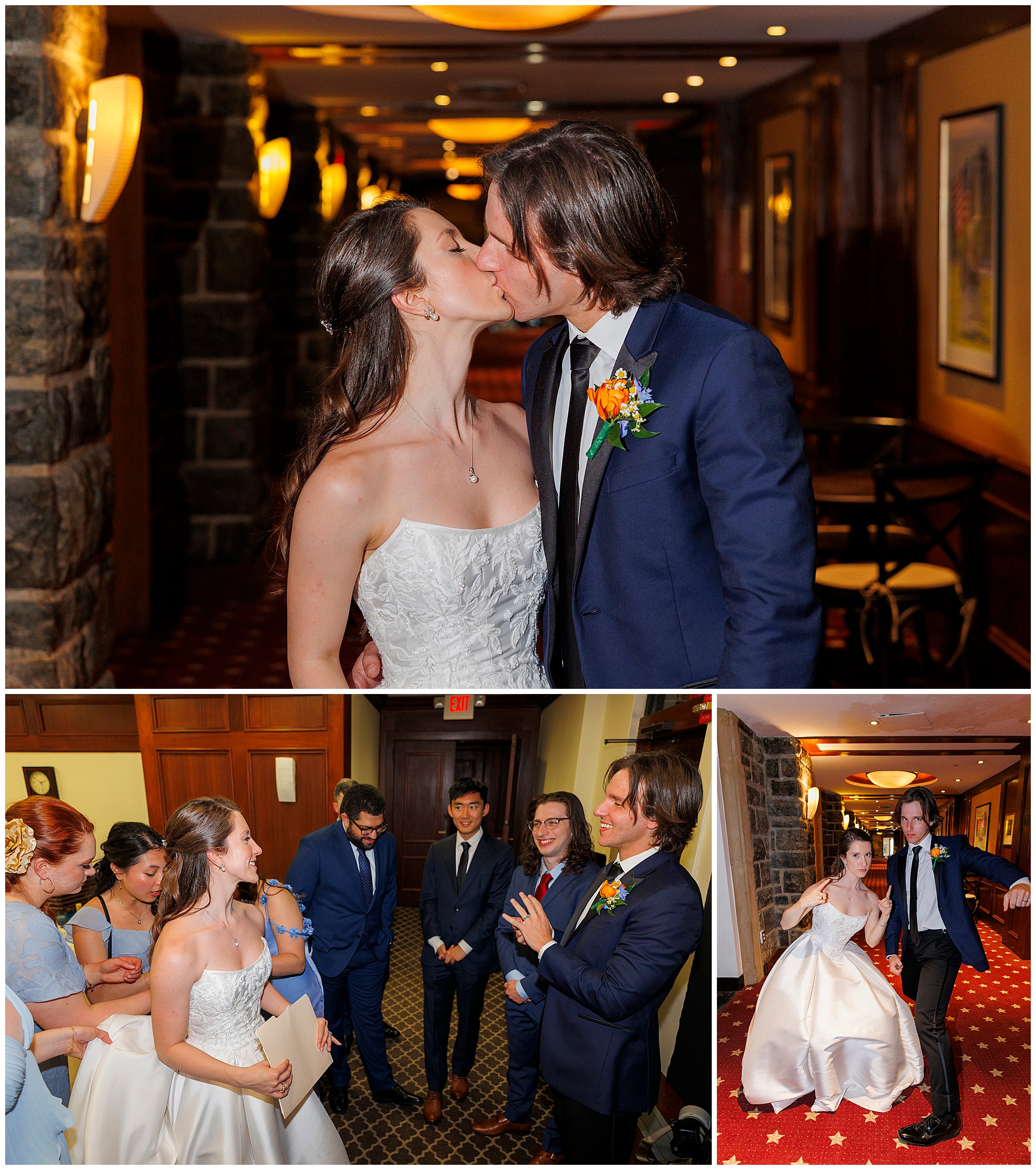 Wedding reception moments captured by Hudson Valley wedding photographers showing bride and groom kissing in elegant hallway, guests celebrating, and couple dancing on red carpet, professional Hudson Valley wedding photography team documentation.