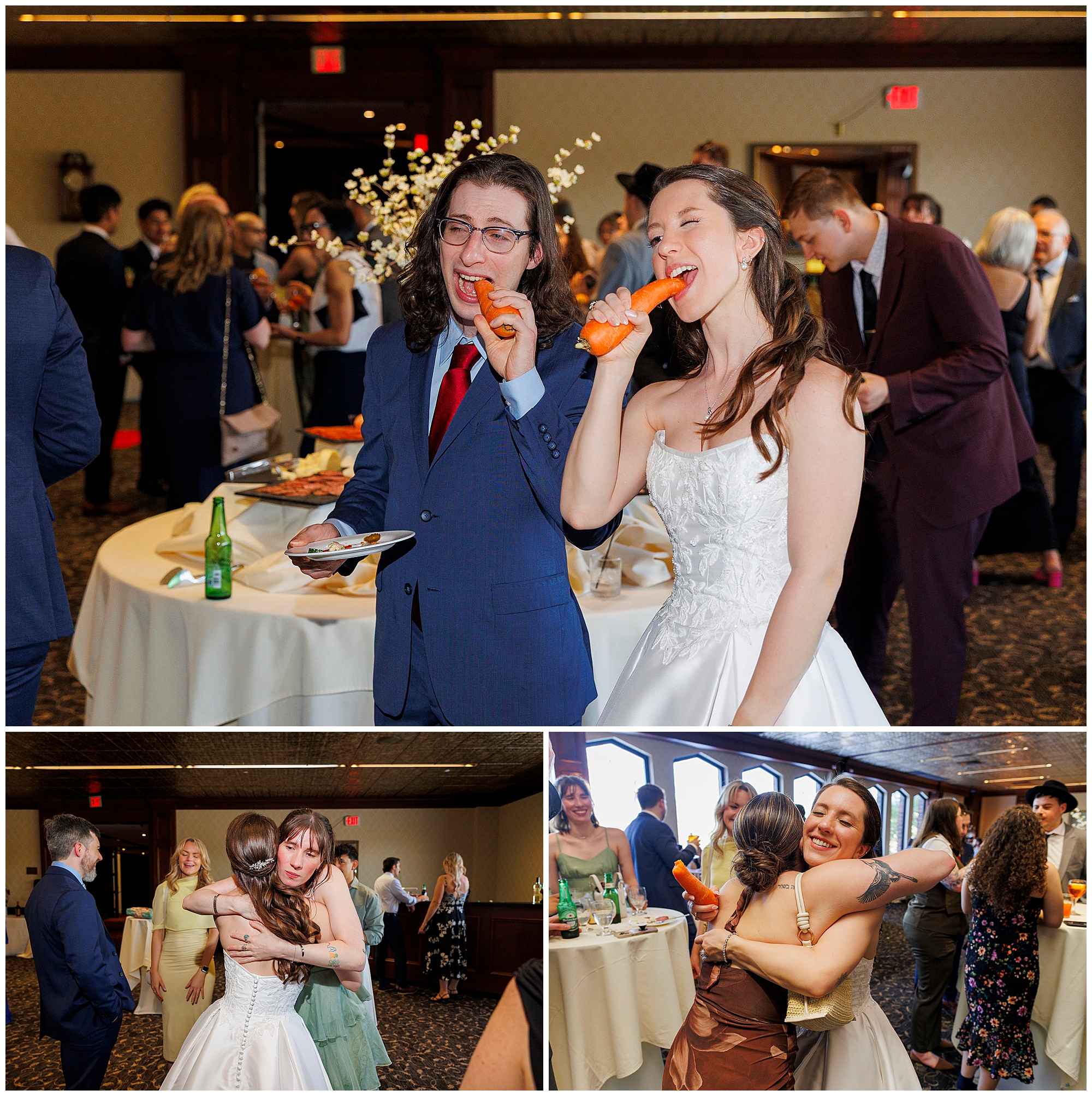 Wedding reception moments captured by Hudson Valley wedding photographers showing bride and groom enjoying food and dancing with guests at their celebration, professional Hudson Valley wedding photography team documentation