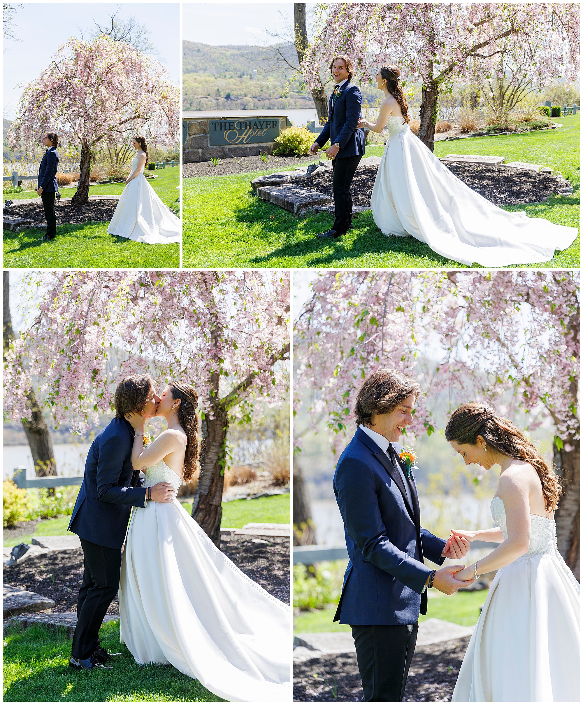 Four-photo collage of bride and groom spring portraits under cherry blossom trees at The Thayer Hotel, Hudson Valley