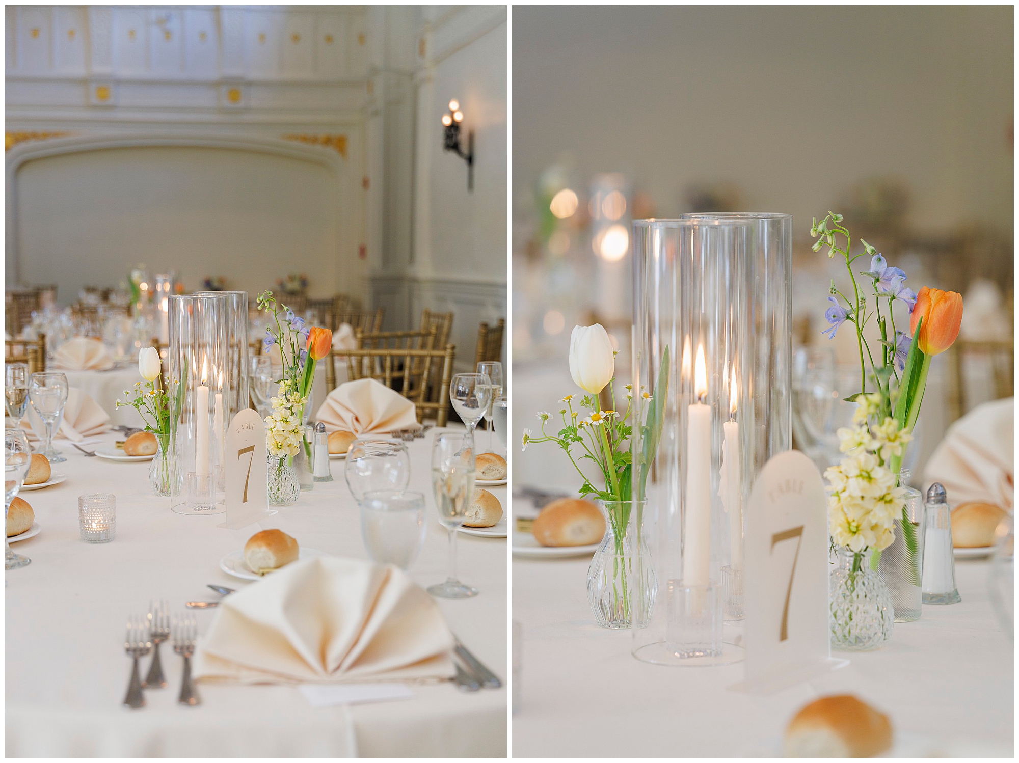 Elegant wedding reception table decor with white tulips, purple flowers, and tall glass vases with candles, photographed by Hudson Valley wedding photographers specializing in fine art wedding photography and videography