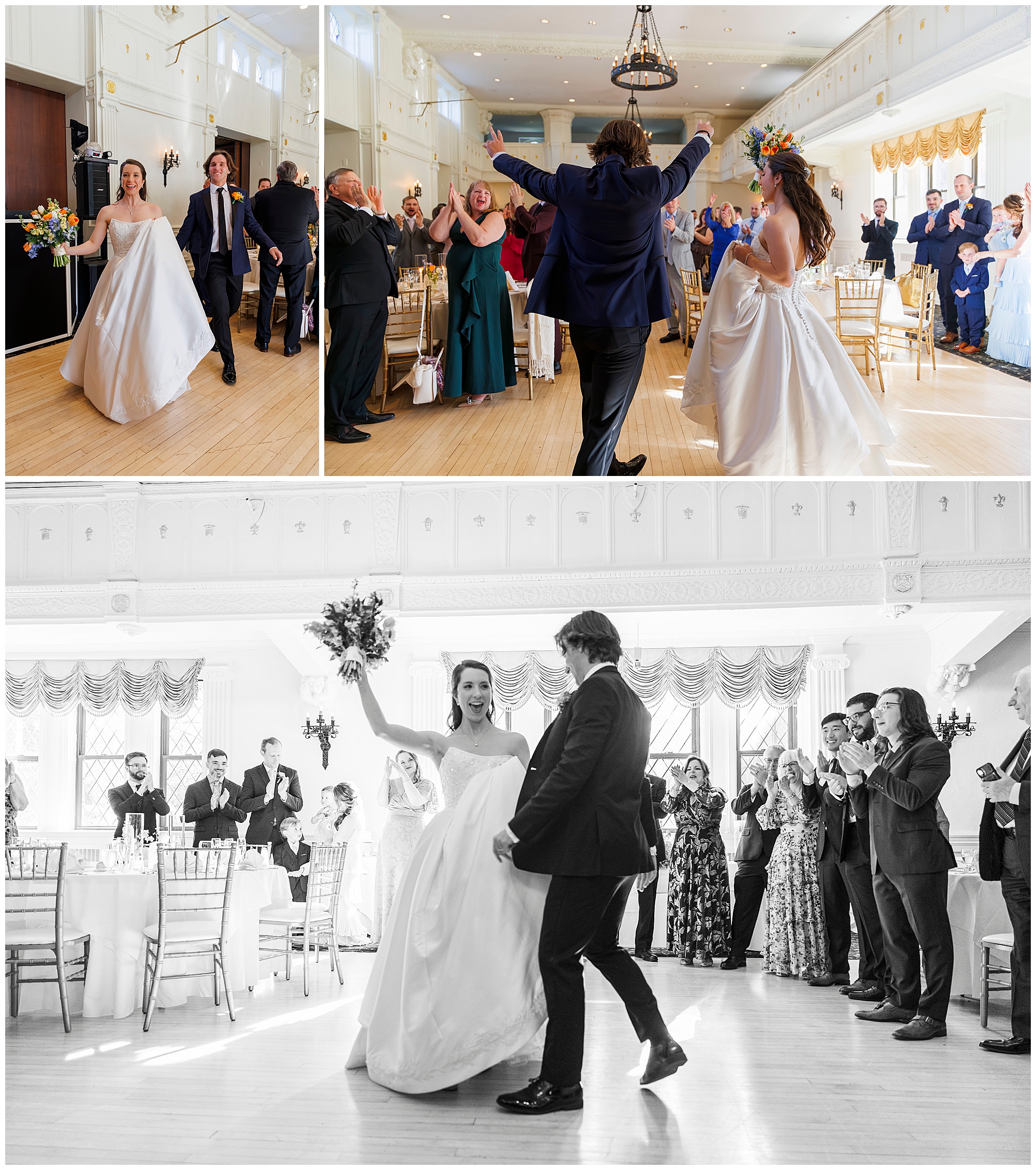 Wedding reception first dance moments captured by Hudson Valley wedding photographers, showing bride and groom dancing while guests celebrate, photographed by professional Hudson Valley wedding photography team