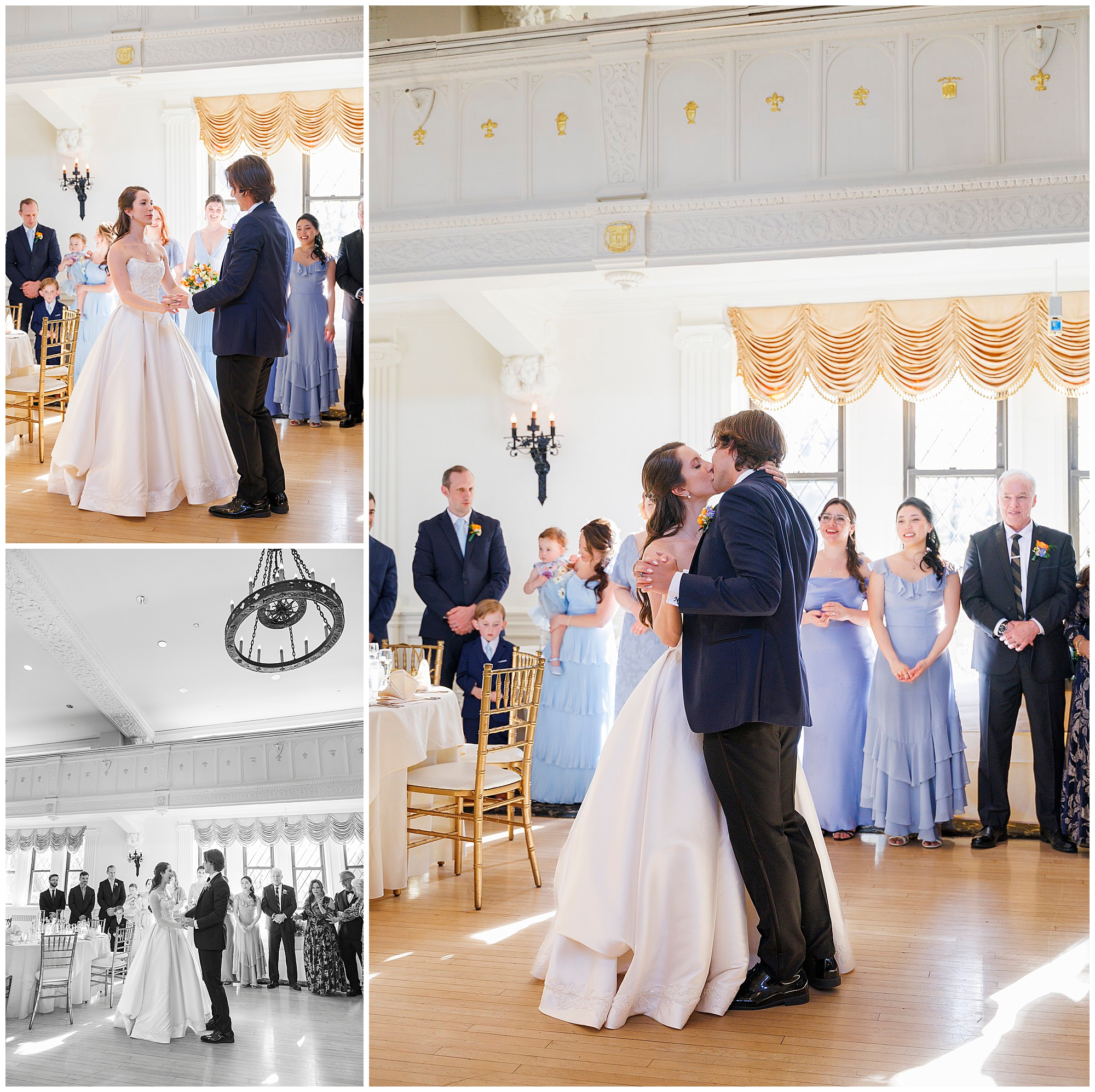 Elegant wedding ceremony moments captured by Hudson Valley wedding photographers, featuring bride and groom first dance, venue details with gold draped windows, and wedding party celebrations photographed by a Hudson Valley wedding photography team.