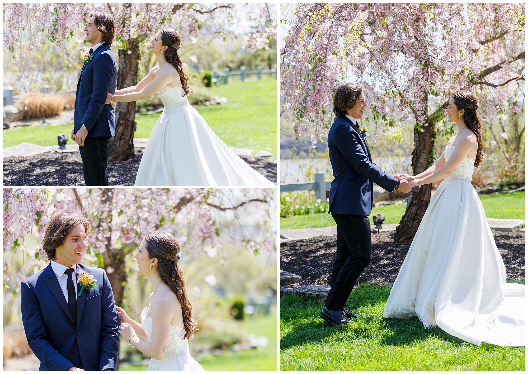 Three-photo collage of couple portraits among blooming pink cherry blossoms, captured by a Beacon-based wedding photographer