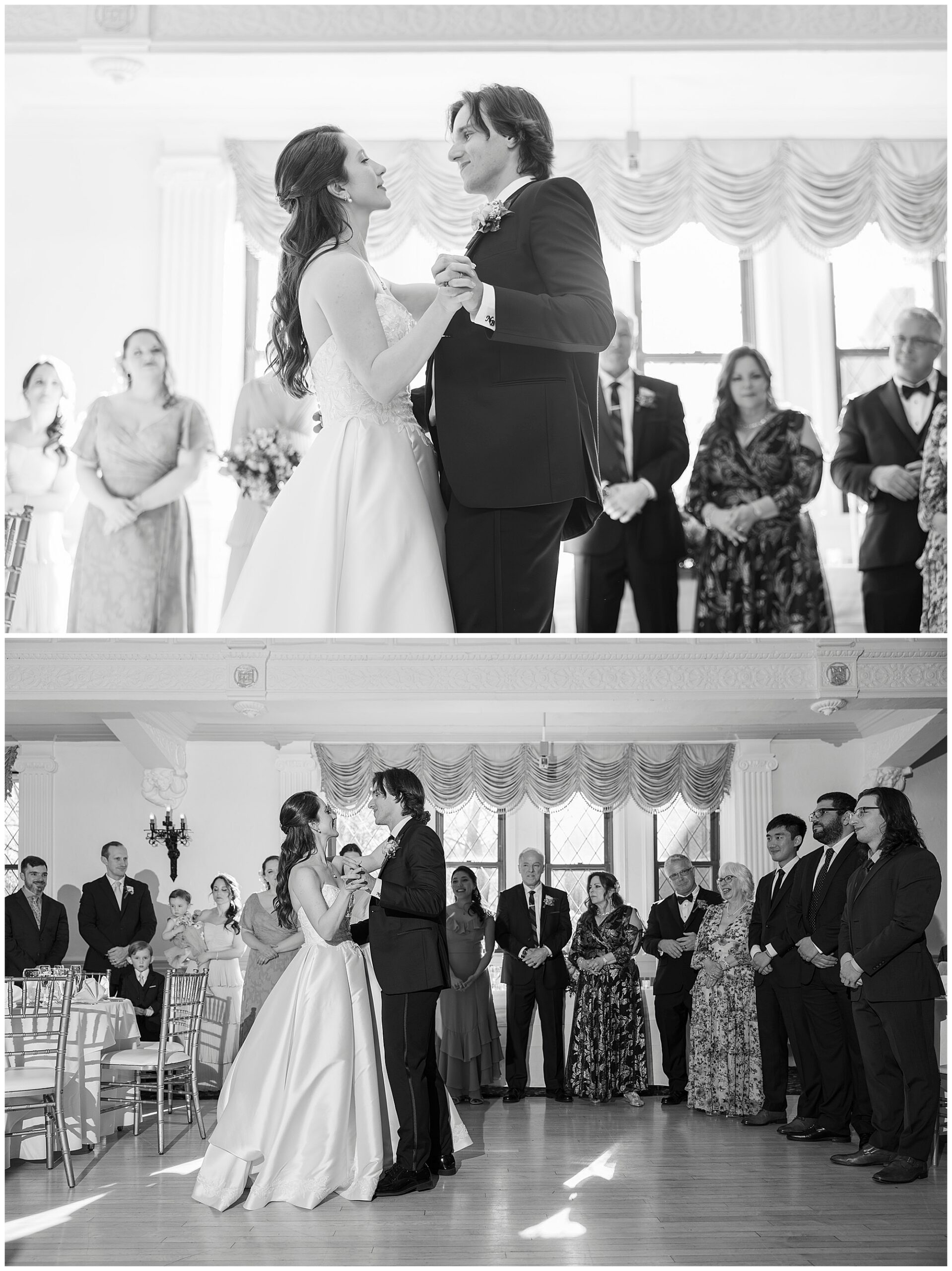 Black and white wedding ceremony photos showing bride and groom exchanging vows captured by Hudson Valley wedding photographers, featuring elegant ballroom venue with guests in formal attire, professional wedding photography team documentation