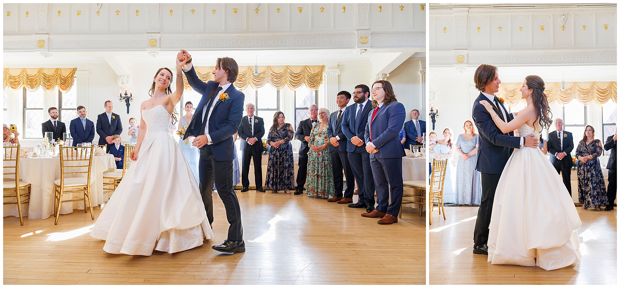 Newlyweds performing their first dance at elegant wedding reception captured by Hudson Valley wedding photographers, featuring bride in white gown and groom in navy suit with guests watching in formal ballroom setting