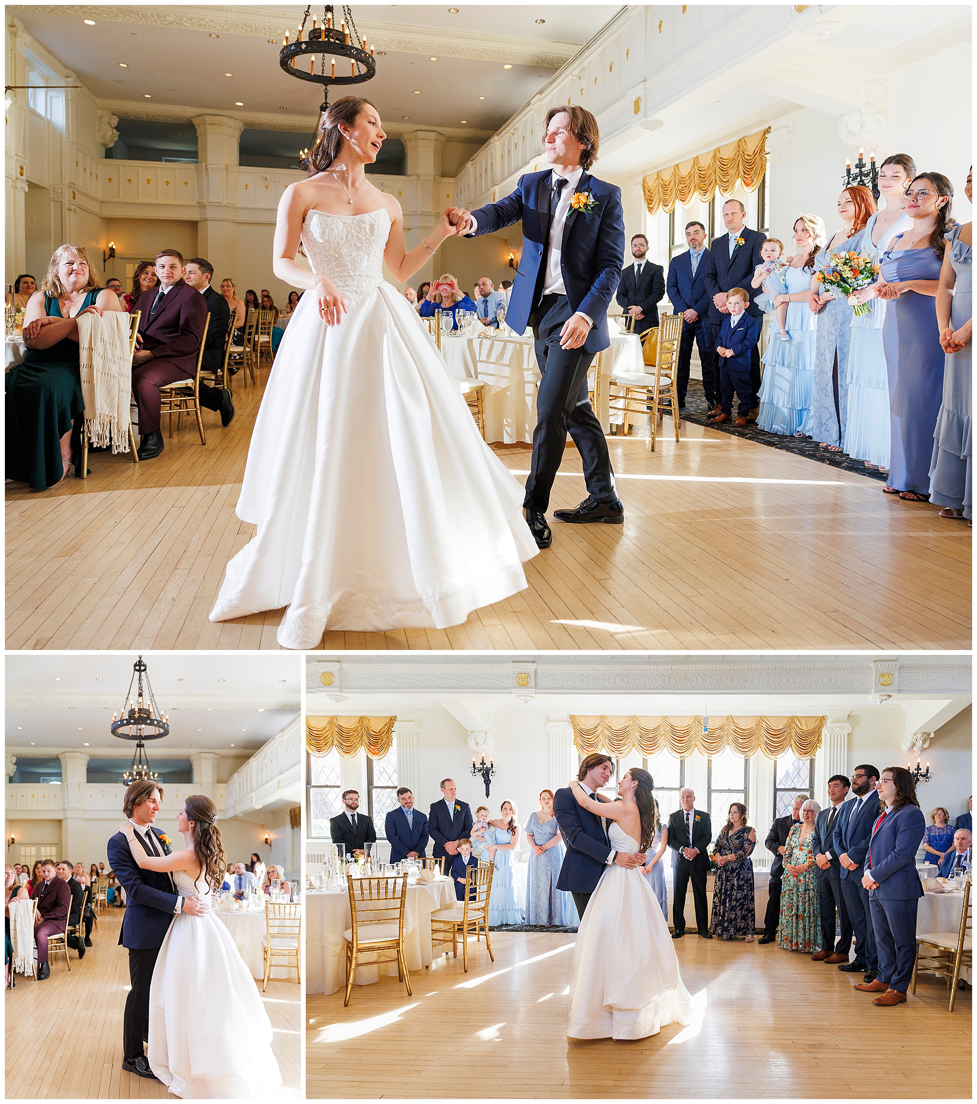Elegant first dance moments at a Hudson Valley wedding captured by professional wedding photographers, showing bride and groom dancing together in a grand ballroom with guests gathered around, photographed by a Hudson Valley wedding photography team