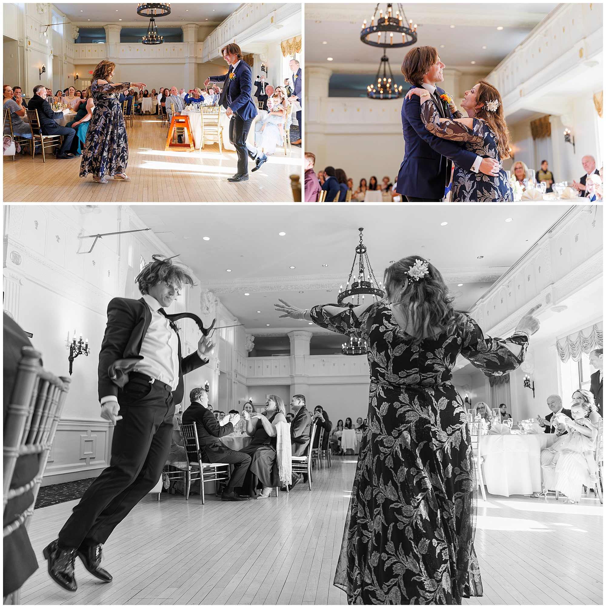 Wedding reception dance moments captured by Hudson Valley wedding photographers, featuring guests dancing and celebrating at an elegant ballroom venue, documented by a professional Hudson Valley wedding photography team