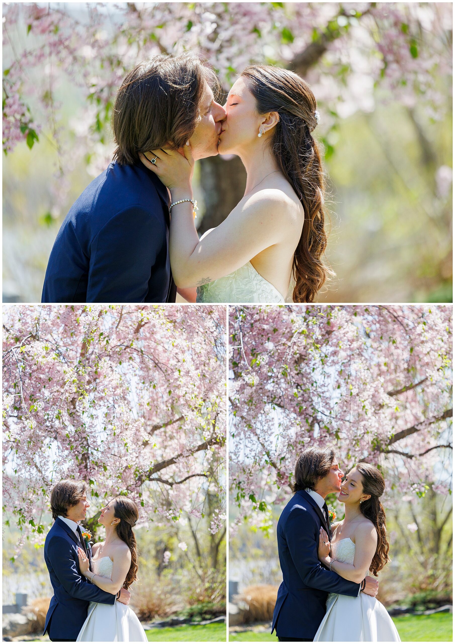 Collage of couple kissing and posing under flowering cherry blossom trees at their Hudson Valley spring wedding