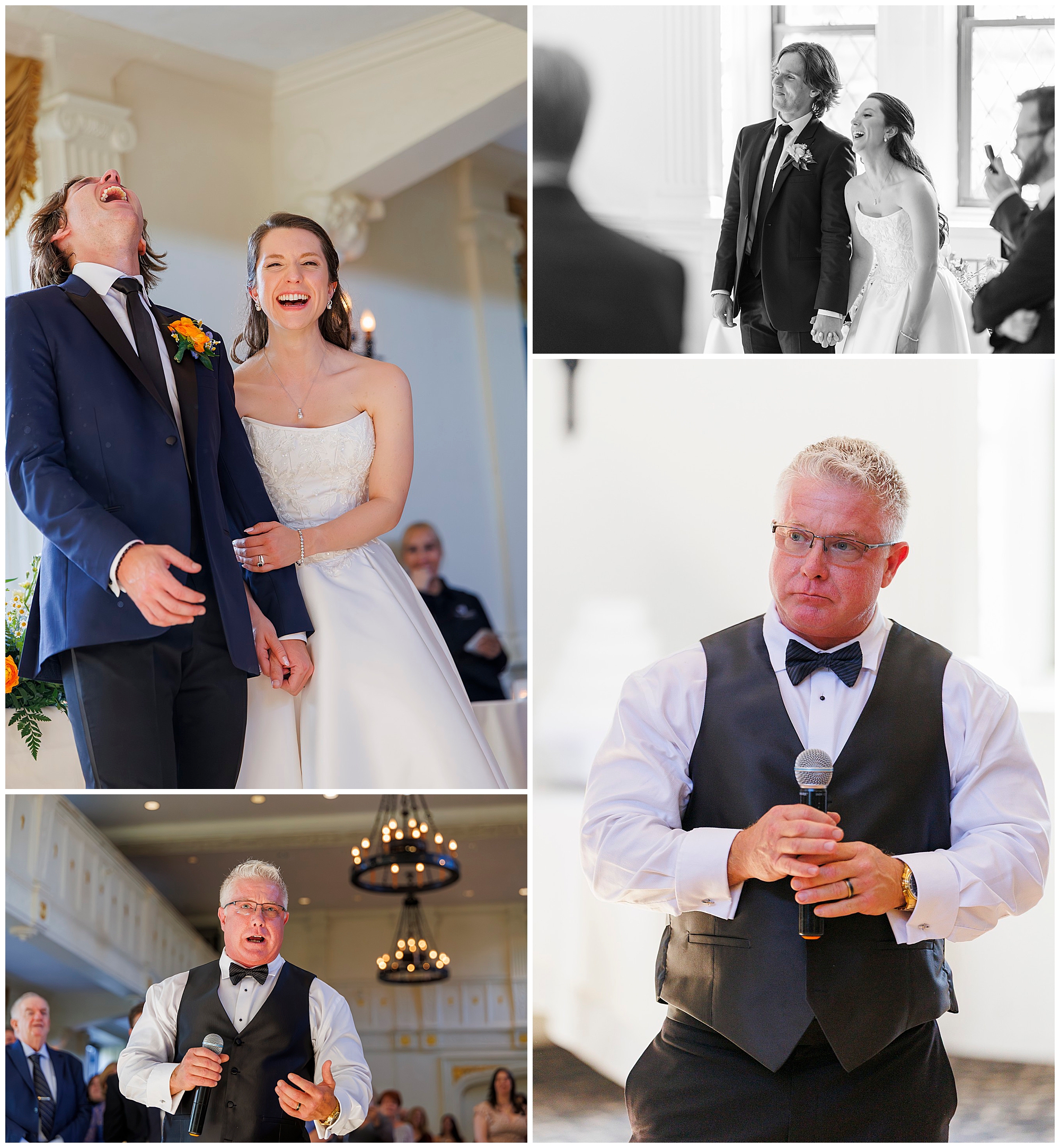 Joyful bride and groom moments captured by Hudson Valley wedding photographers, including candid laughter, formal processional, and heartfelt toasts during reception, showcasing professional wedding photography team services